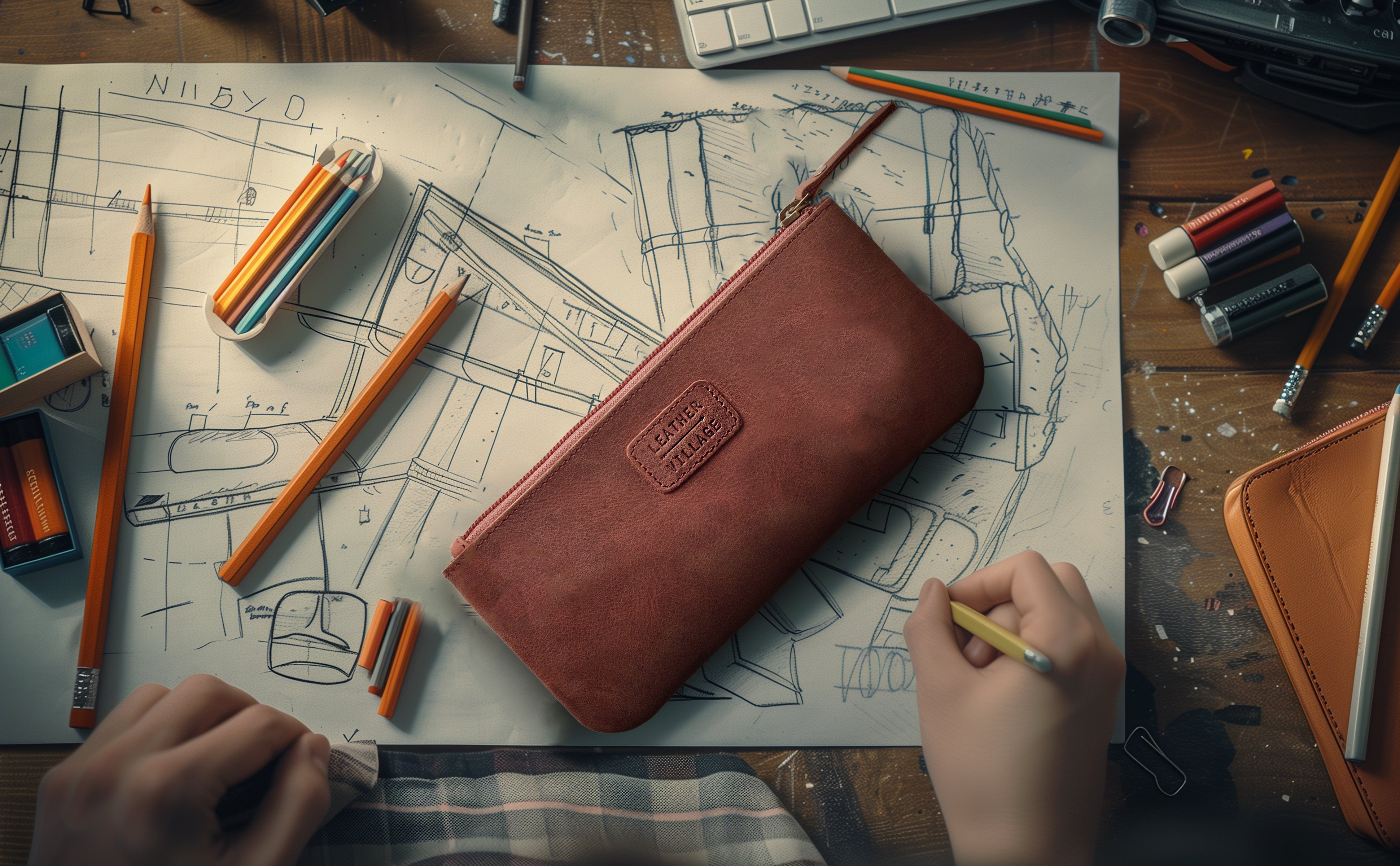 LEATHER VILLAGE Leather Pencil Pouch Pen Case - Matte Black - 8"X4"- Double Pocket - Elegant and Practical Zipper Pouch Holder for Artists, Men, and Women