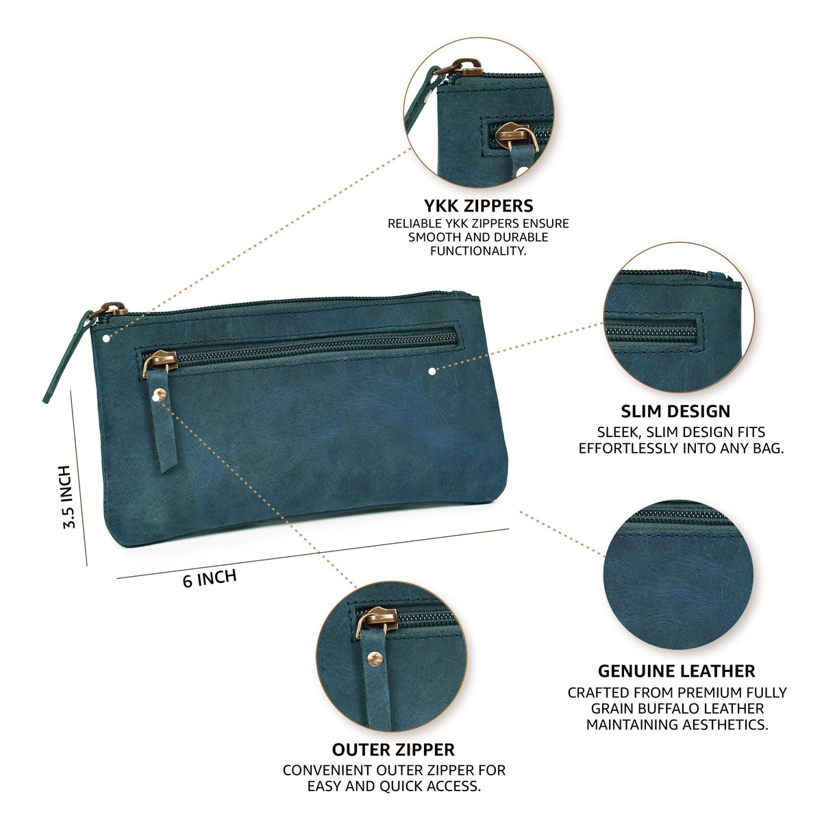LEATHER VILLAGE Leather Pencil Pouch Pen Case - Matte Black - 8"X4"- Double Pocket - Elegant and Practical Zipper Pouch Holder for Artists, Men, and Women