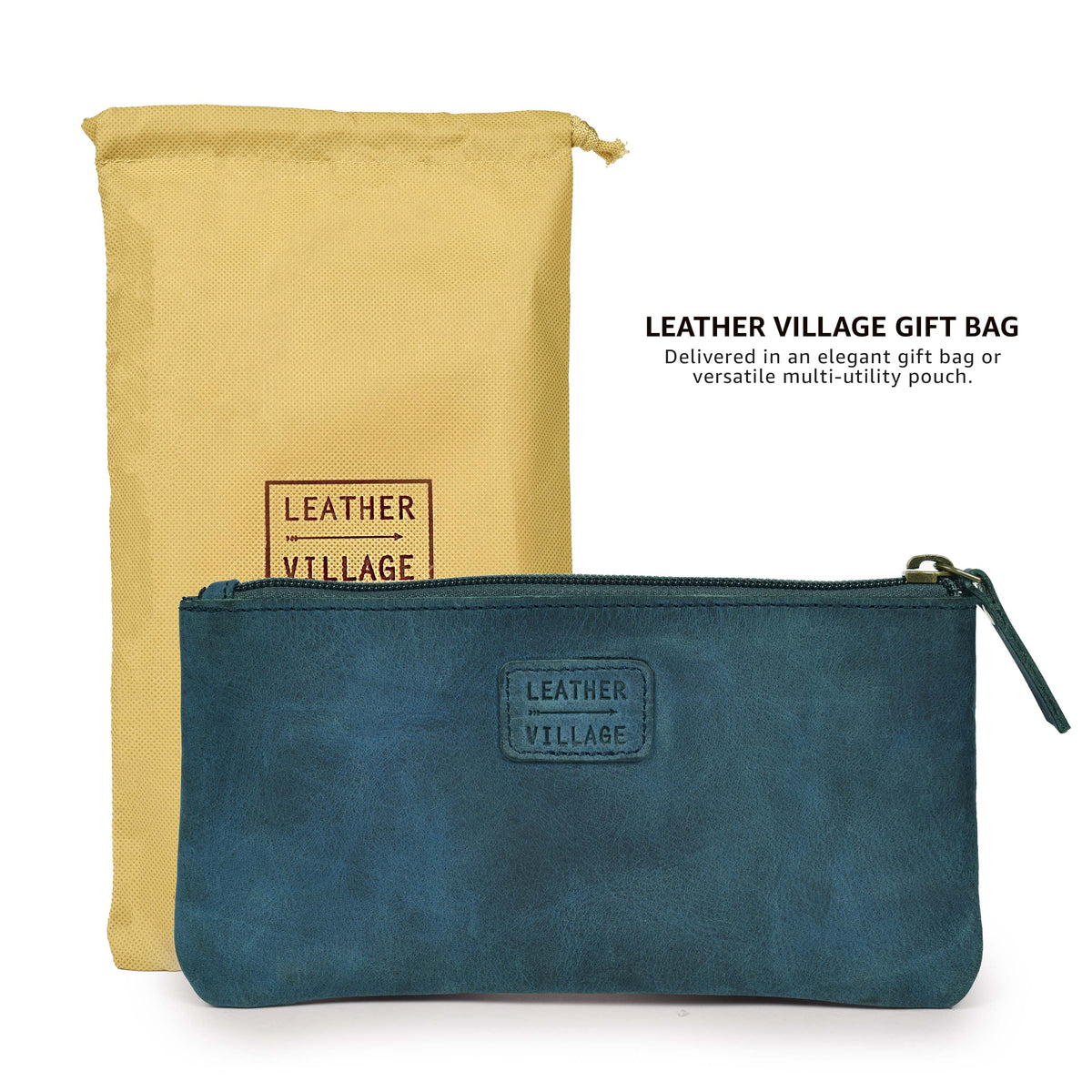 LEATHER VILLAGE Leather Pencil Pouch Pen Case - Matte Black - 8"X4"- Double Pocket - Elegant and Practical Zipper Pouch Holder for Artists, Men, and Women