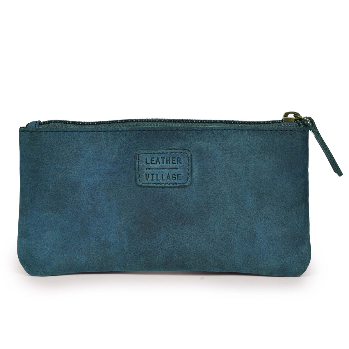 LEATHER VILLAGE Leather Pencil Pouch Pen Case - Matte Black - 8"X4"- Double Pocket - Elegant and Practical Zipper Pouch Holder for Artists, Men, and Women