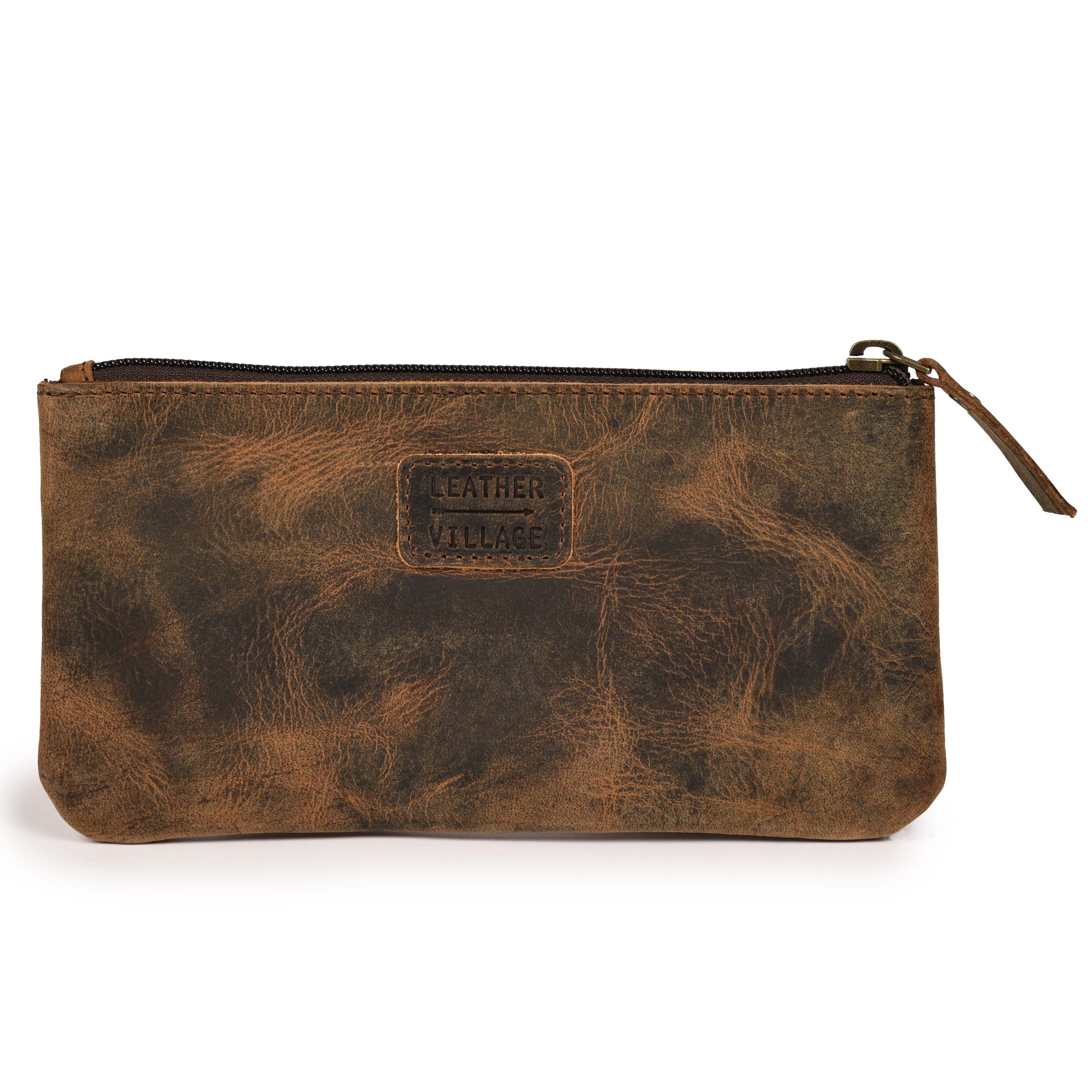 LEATHER VILLAGE Leather Pencil Pouch Pen Case - Matte Black - 8"X4"- Double Pocket - Elegant and Practical Zipper Pouch Holder for Artists, Men, and Women