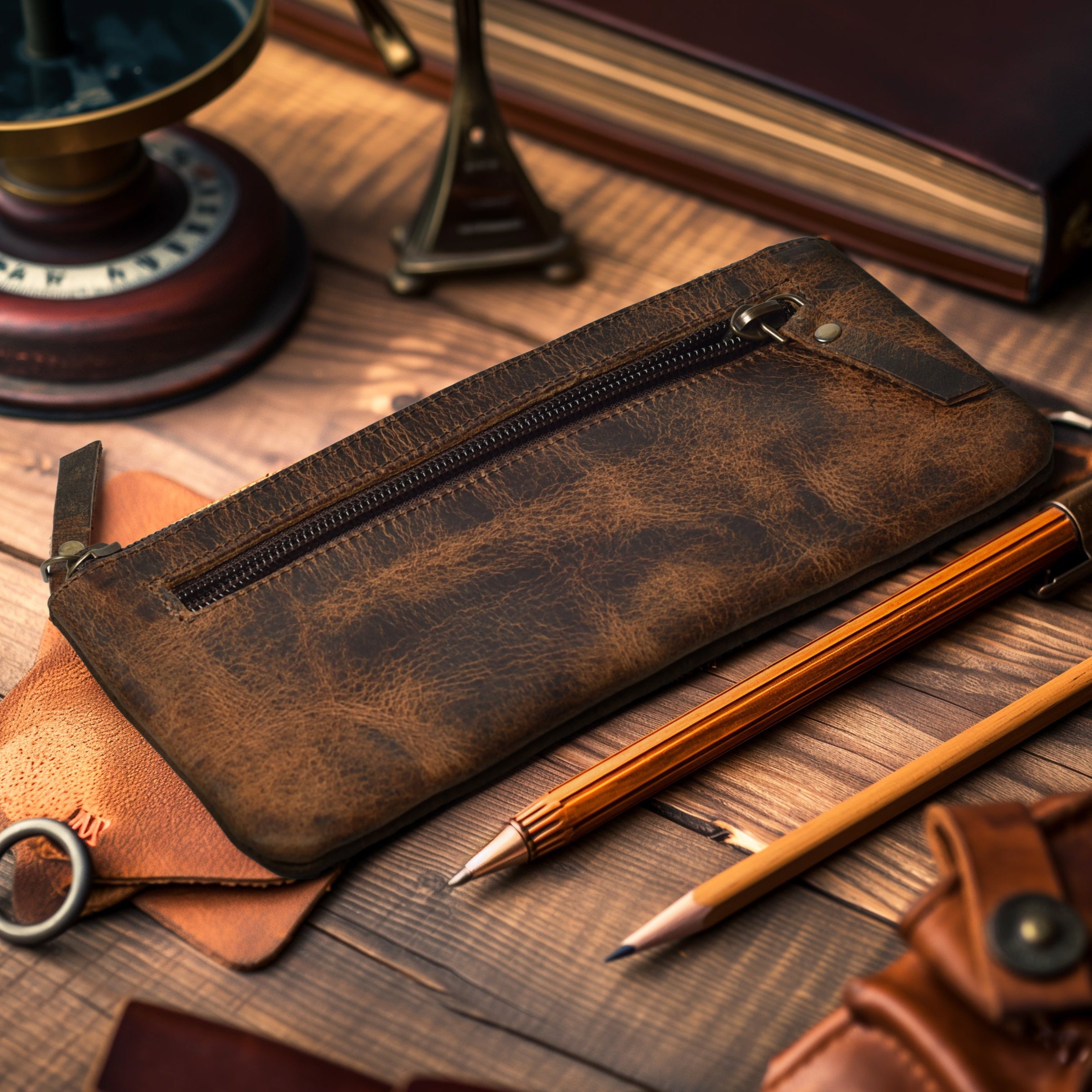 LEATHER VILLAGE Leather Pencil Pouch Pen Case - Matte Black - 8"X4"- Double Pocket - Elegant and Practical Zipper Pouch Holder for Artists, Men, and Women