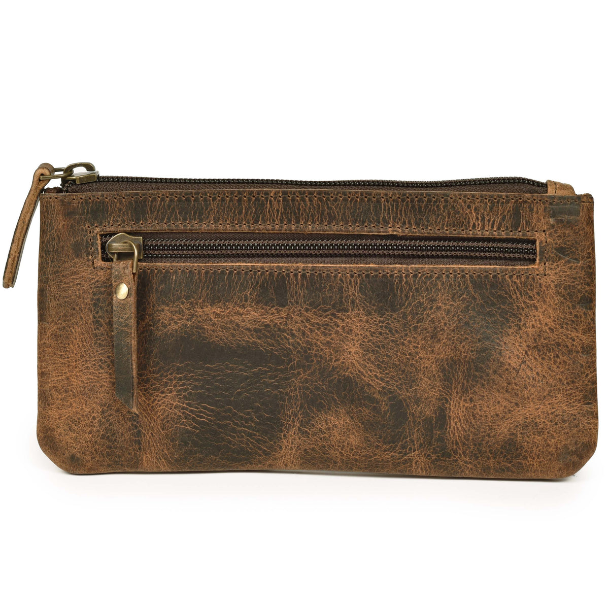 LEATHER VILLAGE Leather Pencil Pouch Pen Case - Matte Black - 8"X4"- Double Pocket - Elegant and Practical Zipper Pouch Holder for Artists, Men, and Women