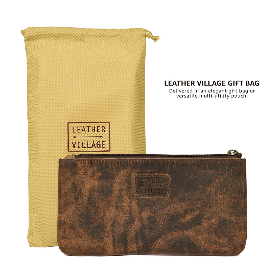 LEATHER VILLAGE Leather Pencil Pouch Pen Case - Matte Black - 8"X4"- Double Pocket - Elegant and Practical Zipper Pouch Holder for Artists, Men, and Women