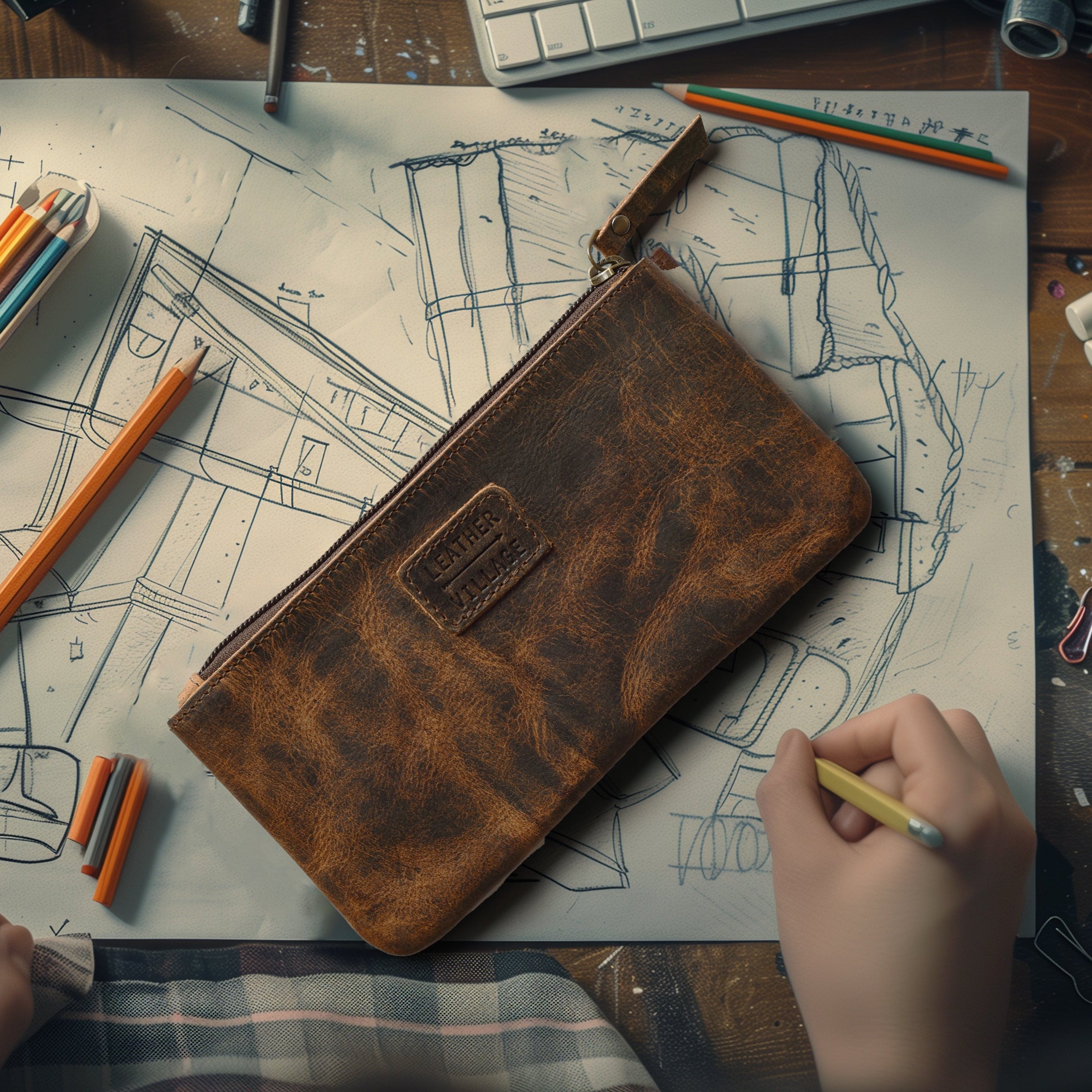 LEATHER VILLAGE Leather Pencil Pouch Pen Case - Matte Black - 8"X4"- Double Pocket - Elegant and Practical Zipper Pouch Holder for Artists, Men, and Women