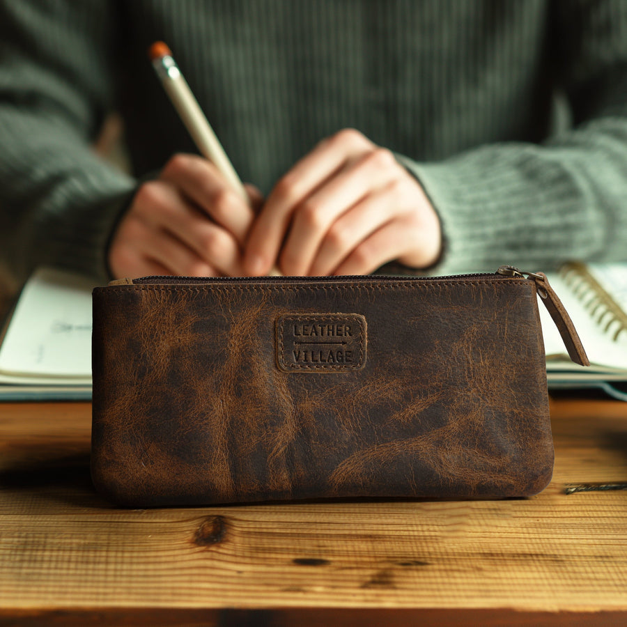 LEATHER VILLAGE Leather Pencil Pouch Pen Case - Matte Black - 8"X4"- Double Pocket - Elegant and Practical Zipper Pouch Holder for Artists, Men, and Women