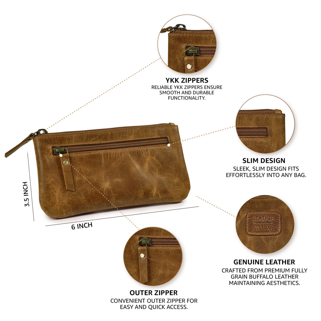 LEATHER VILLAGE Leather Pencil Pouch Pen Case - Matte Black - 8"X4"- Double Pocket - Elegant and Practical Zipper Pouch Holder for Artists, Men, and Women