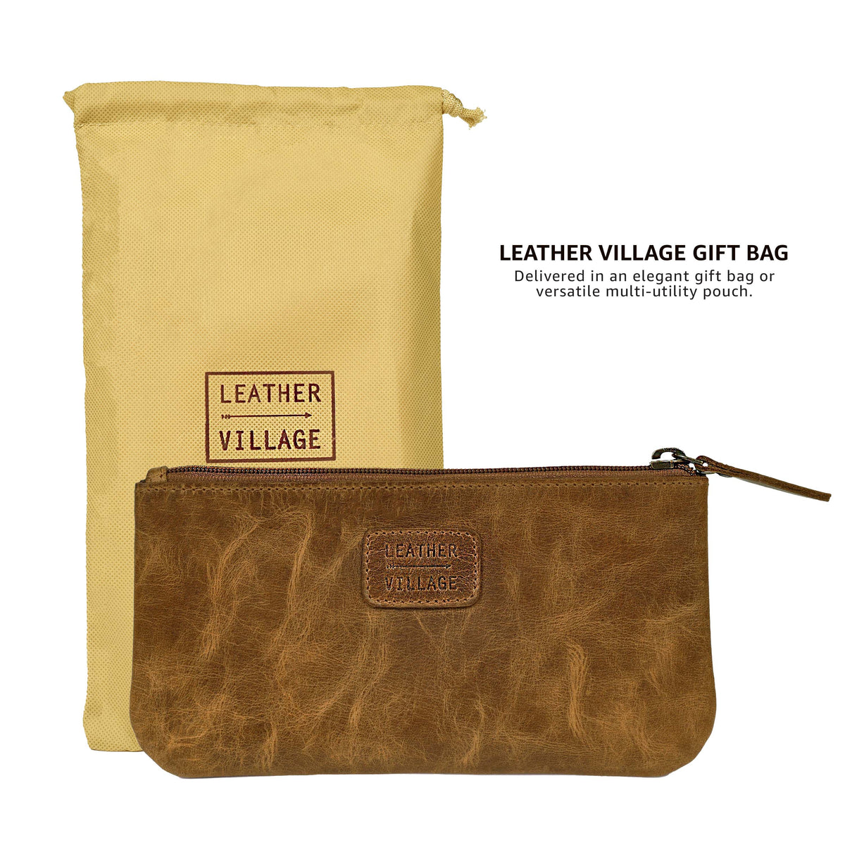 LEATHER VILLAGE Leather Pencil Pouch Pen Case - Matte Black - 8"X4"- Double Pocket - Elegant and Practical Zipper Pouch Holder for Artists, Men, and Women