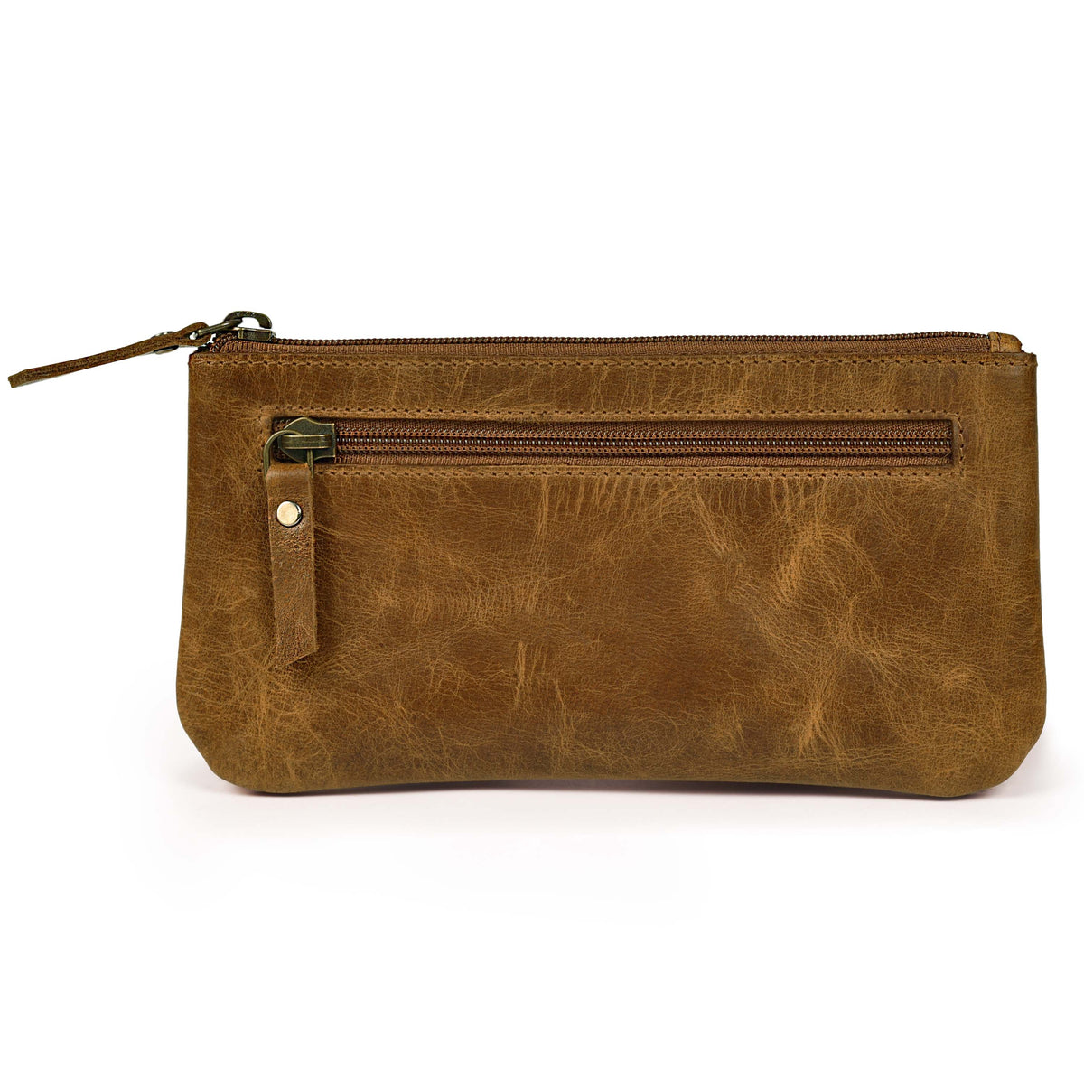 LEATHER VILLAGE Leather Pencil Pouch Pen Case - Matte Black - 8"X4"- Double Pocket - Elegant and Practical Zipper Pouch Holder for Artists, Men, and Women