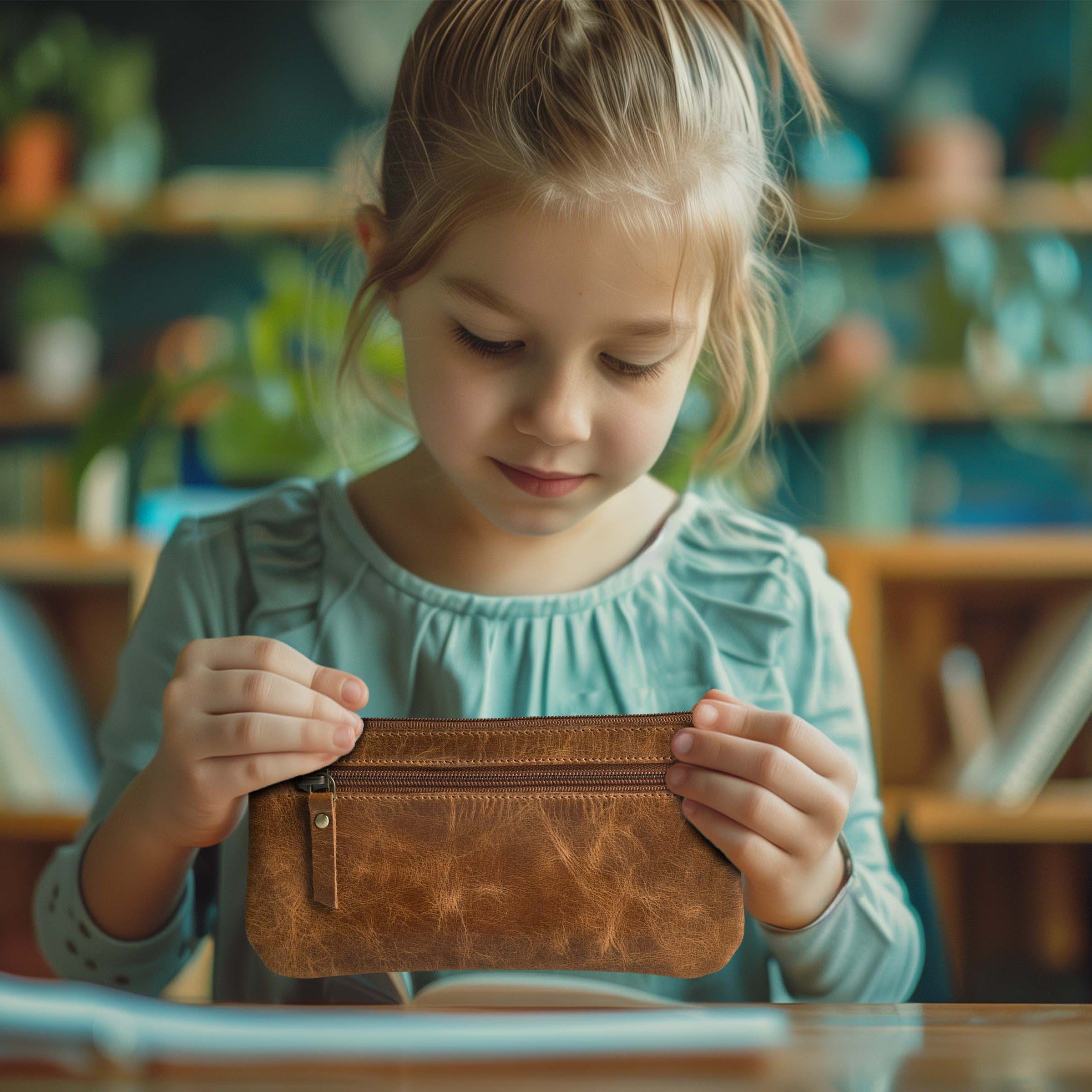 LEATHER VILLAGE Leather Pencil Pouch Pen Case - Matte Black - 8"X4"- Double Pocket - Elegant and Practical Zipper Pouch Holder for Artists, Men, and Women