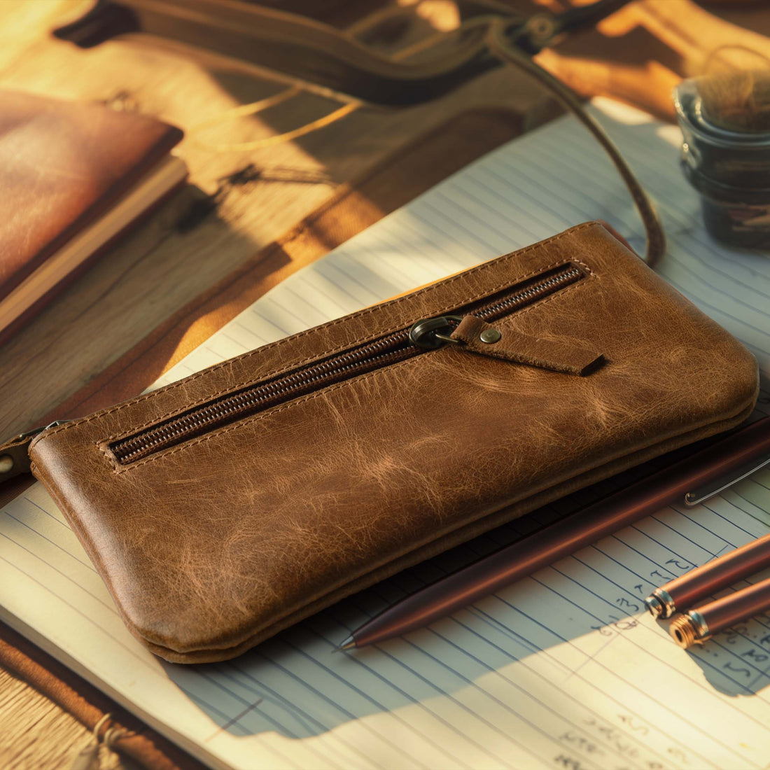 LEATHER VILLAGE Leather Pencil Pouch Pen Case - Matte Black - 8"X4"- Double Pocket - Elegant and Practical Zipper Pouch Holder for Artists, Men, and Women