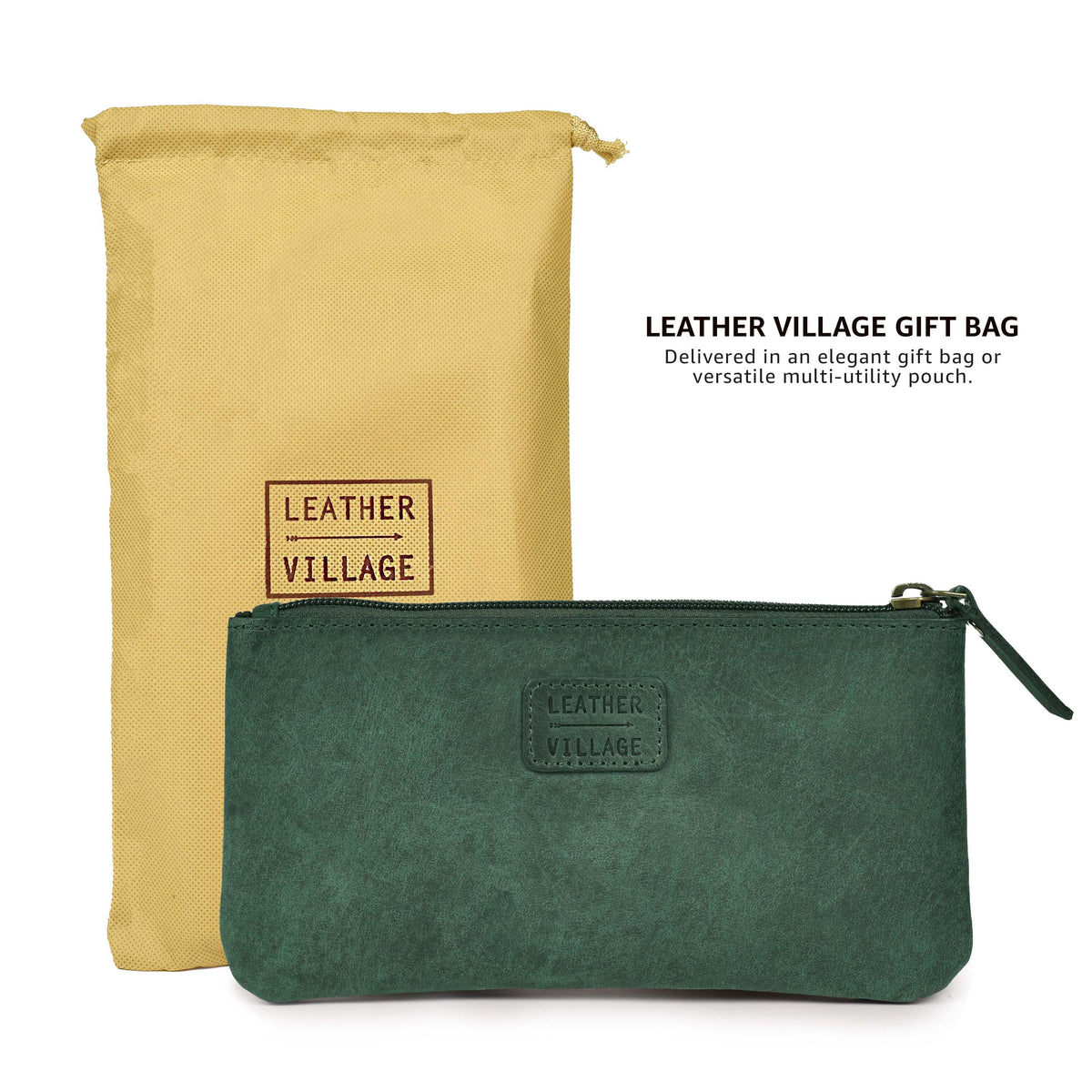 LEATHER VILLAGE Leather Pencil Pouch Pen Case - Matte Black - 8"X4"- Double Pocket - Elegant and Practical Zipper Pouch Holder for Artists, Men, and Women