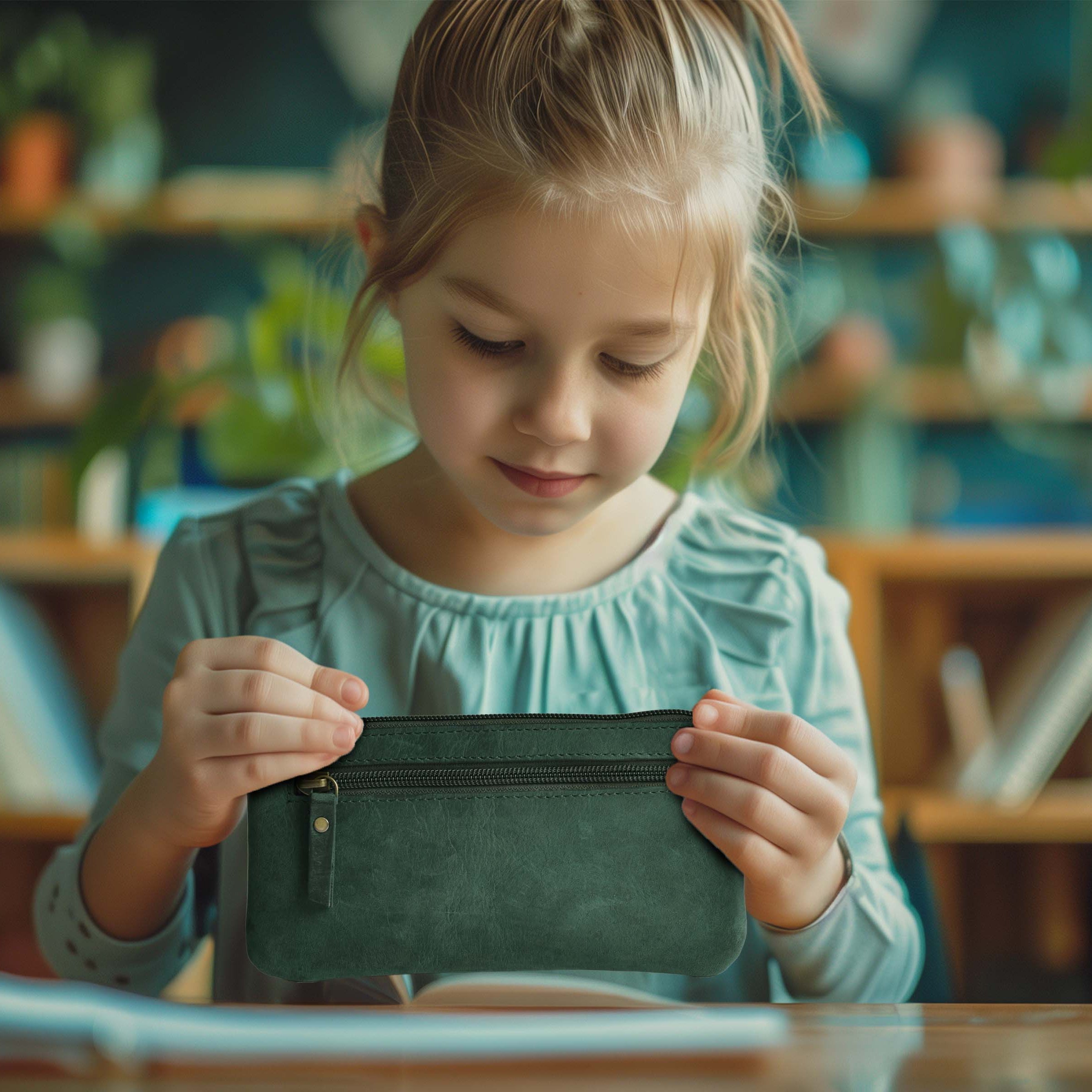 LEATHER VILLAGE Leather Pencil Pouch Pen Case - Matte Black - 8"X4"- Double Pocket - Elegant and Practical Zipper Pouch Holder for Artists, Men, and Women