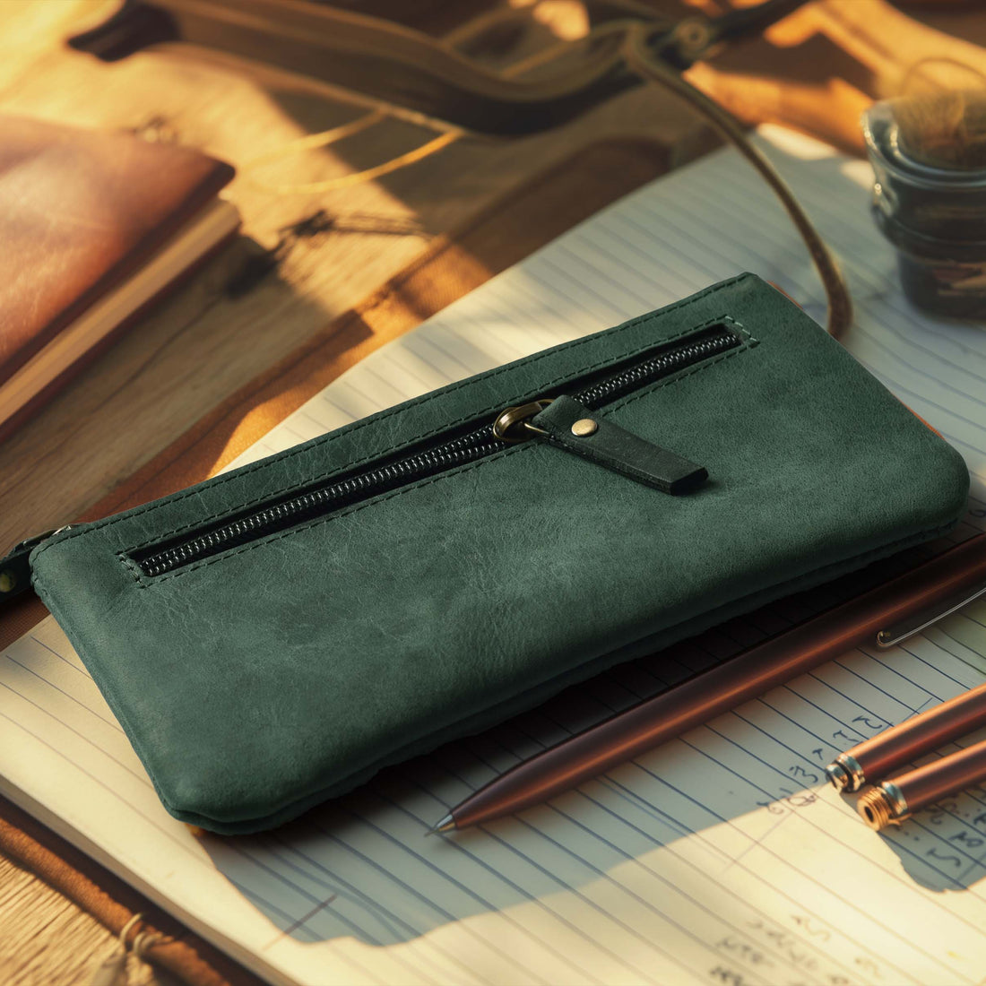 LEATHER VILLAGE Leather Pencil Pouch Pen Case - Matte Black - 8"X4"- Double Pocket - Elegant and Practical Zipper Pouch Holder for Artists, Men, and Women