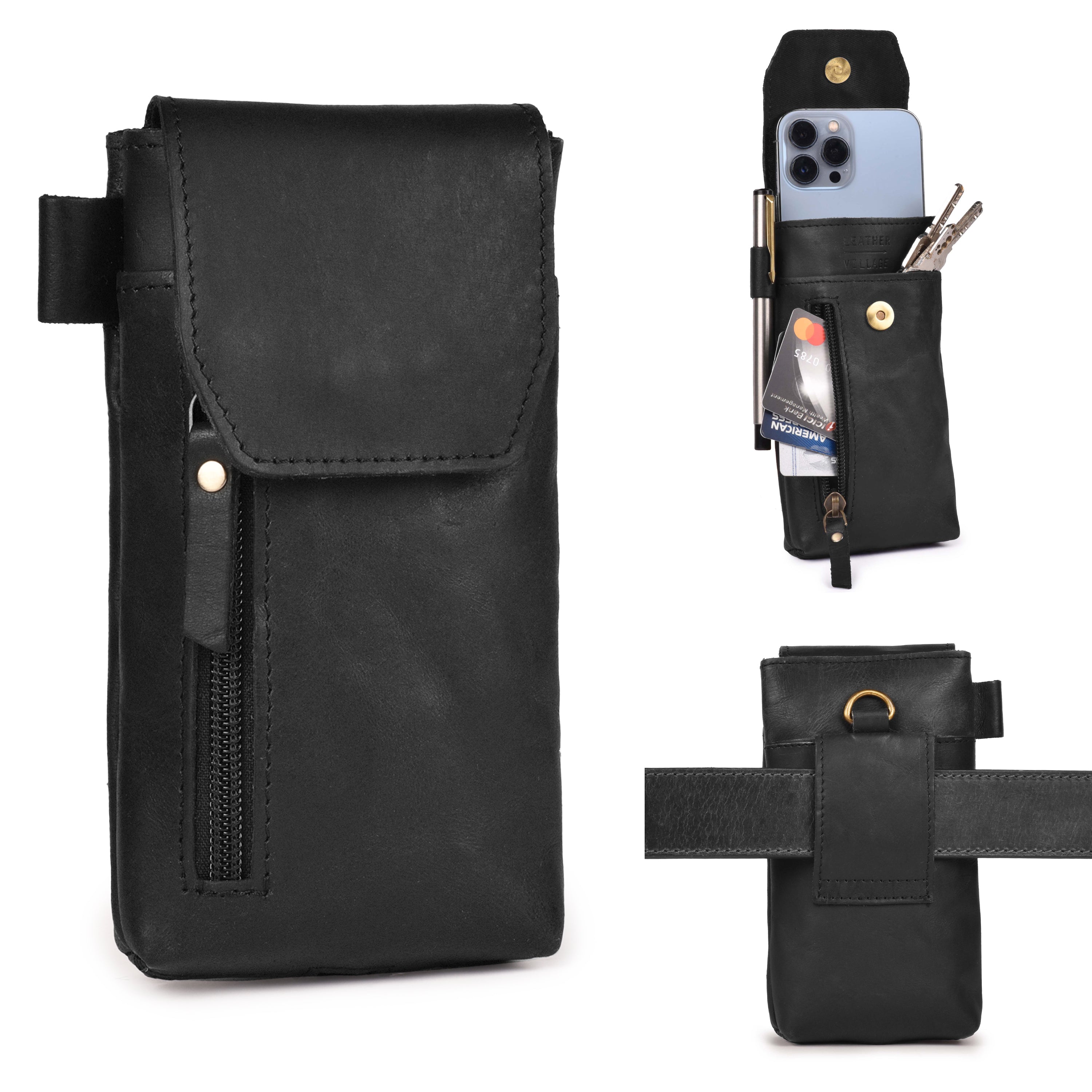 Leather Village Genuine Leather Phone Holster Pouch with Belt Clip, Magnetic Closure, ID Card Holder - Universal Case for iPhone, Samsung Galaxy, Google Pixel