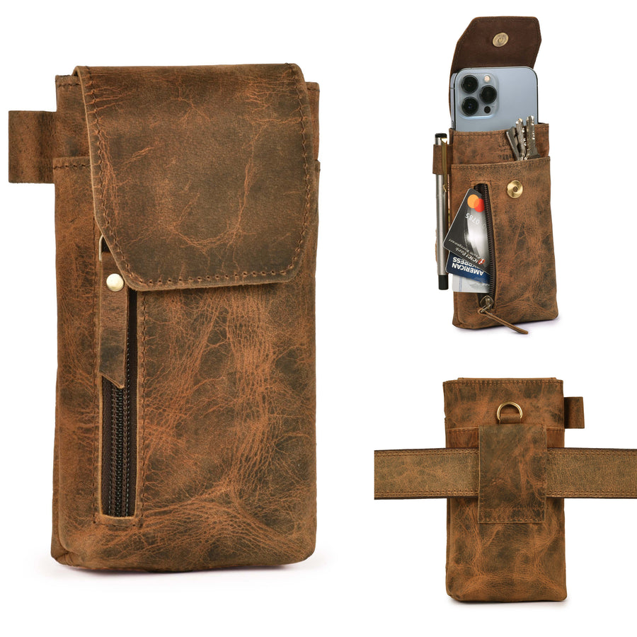 Leather Village Genuine Leather Phone Holster Pouch with Belt Clip, Magnetic Closure, ID Card Holder - Universal Case for iPhone, Samsung Galaxy, Google Pixel