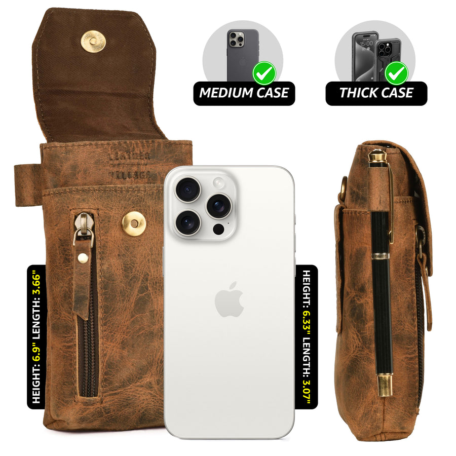 Leather Phone Holster – Genuine Leather Cell Phone Holsters – 7”x 3.5"- Brown Leather Cell Phone Holster for Large Smartphones – Secure & Durable Phone Belt Holder by Leather Village