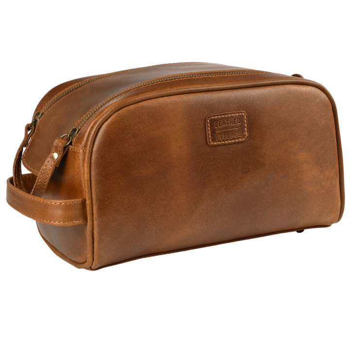Tan Leather Toiletry Bag for Travel