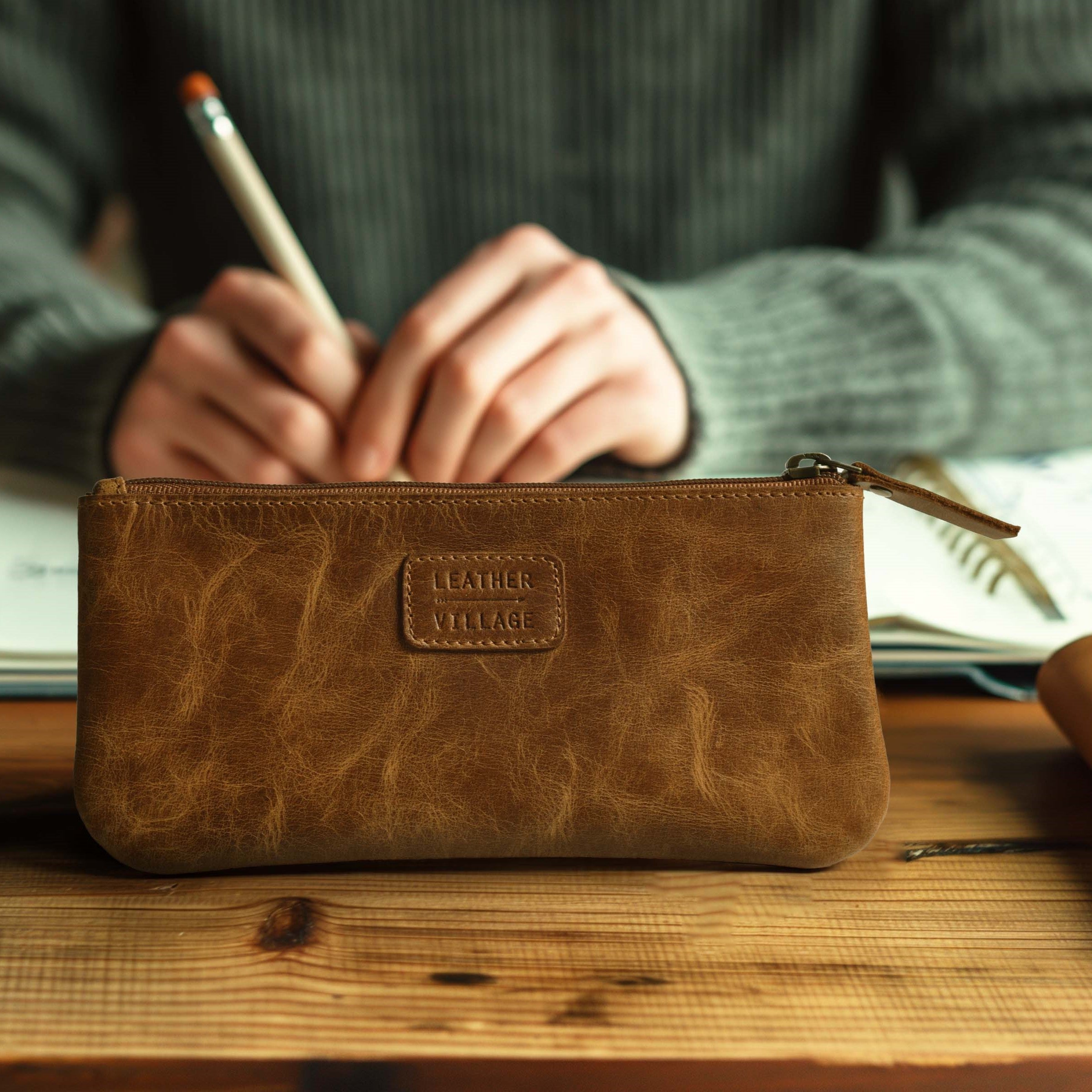 Leather Pencil Pouch Pen Case - Tan