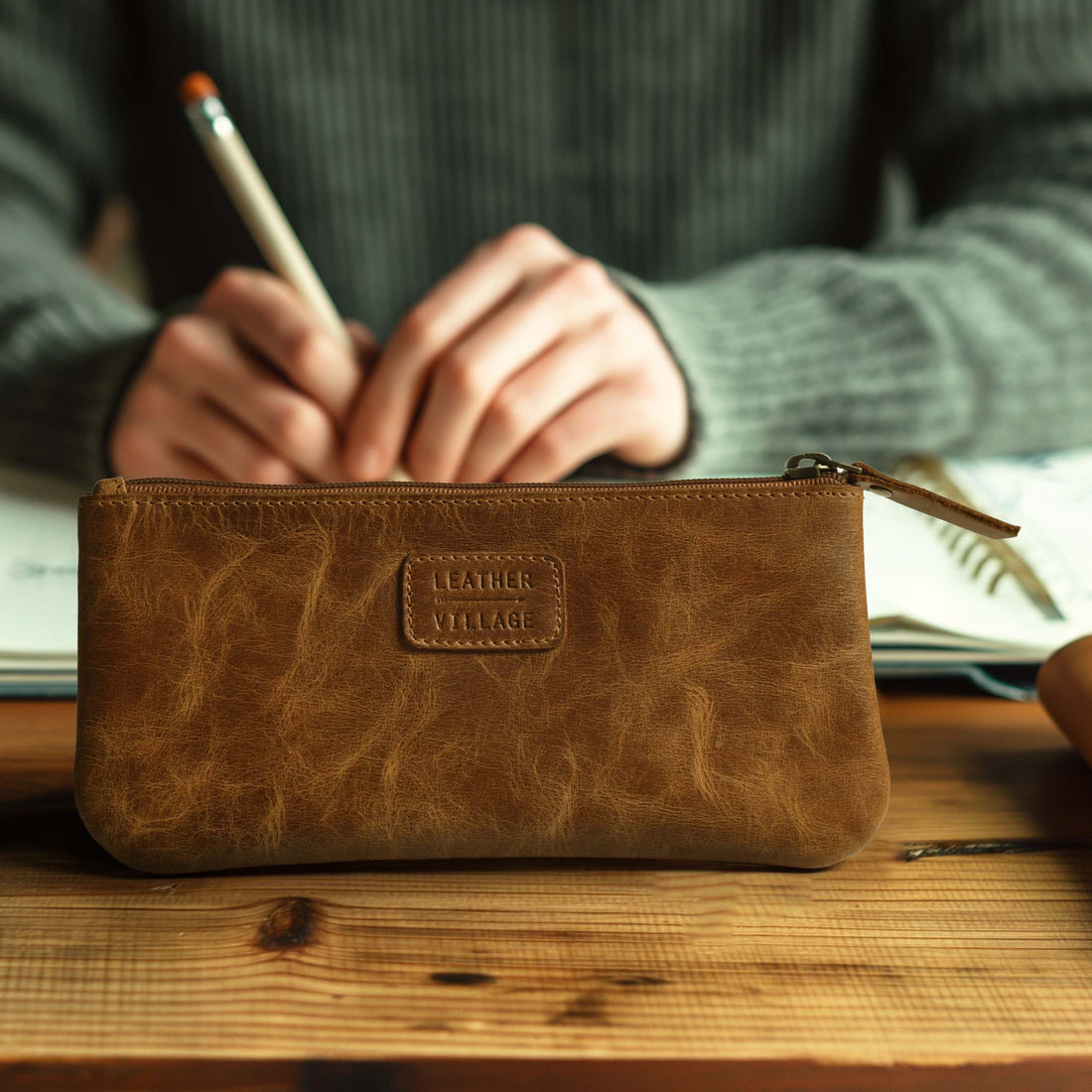 Leather Pencil Pouch Pen Case - Tan