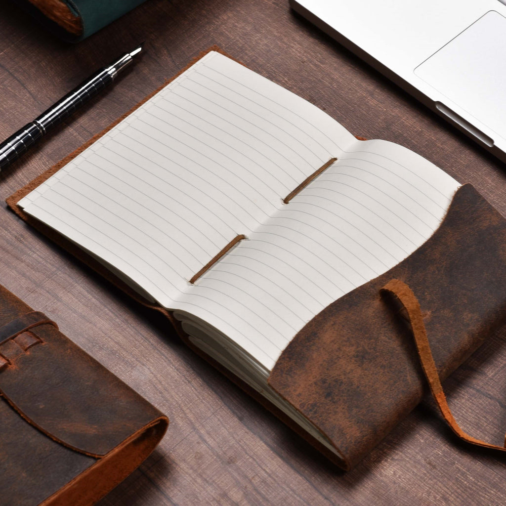 Lined Vintage Paper Notebook- Distressed Brown Leather Village