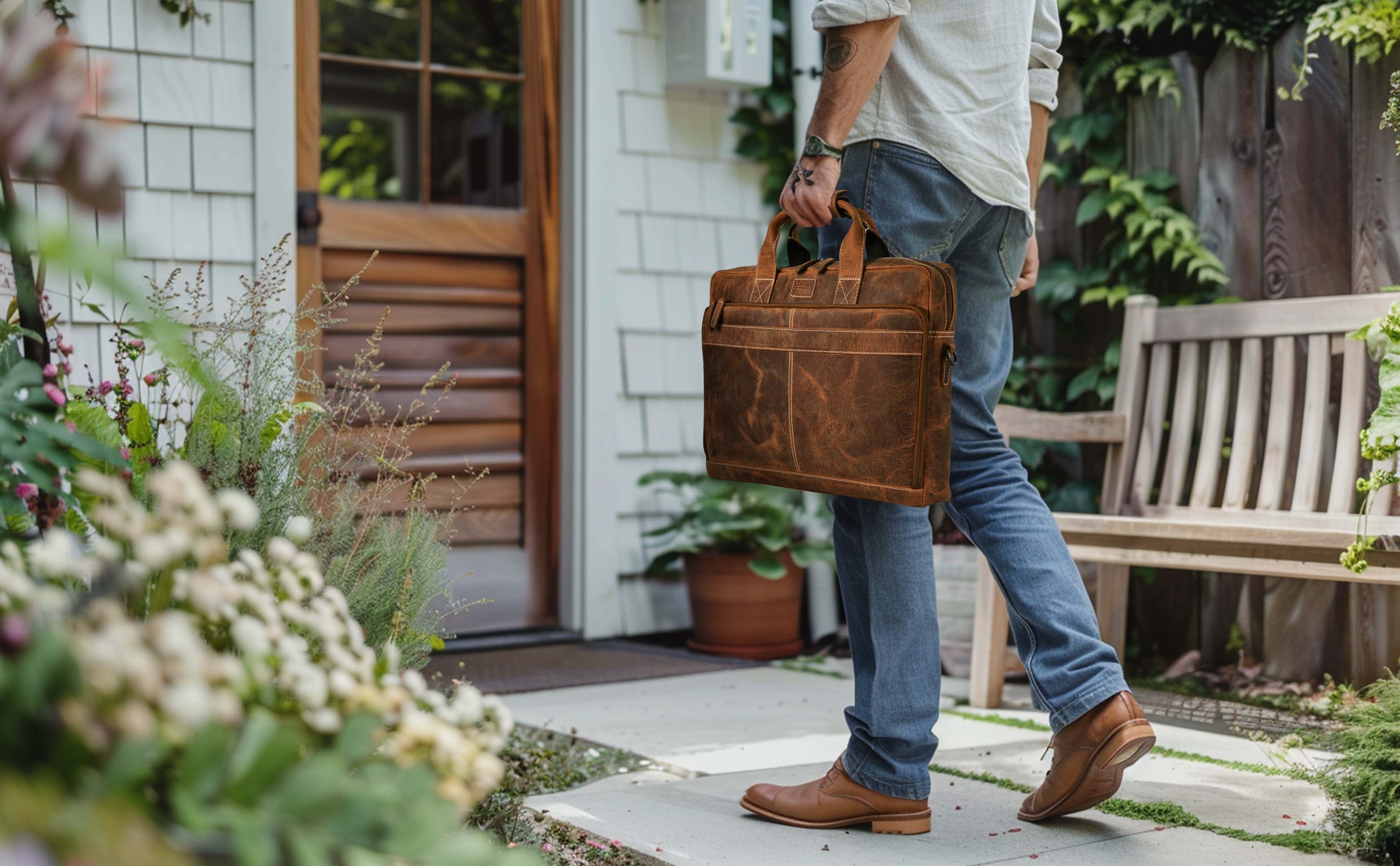 LEATHER VILLAGE 16" Leather Laptop Messenger Briefcase Bag for Men-Brown-Leather Satchel for Travel and Office Shoulder Bag