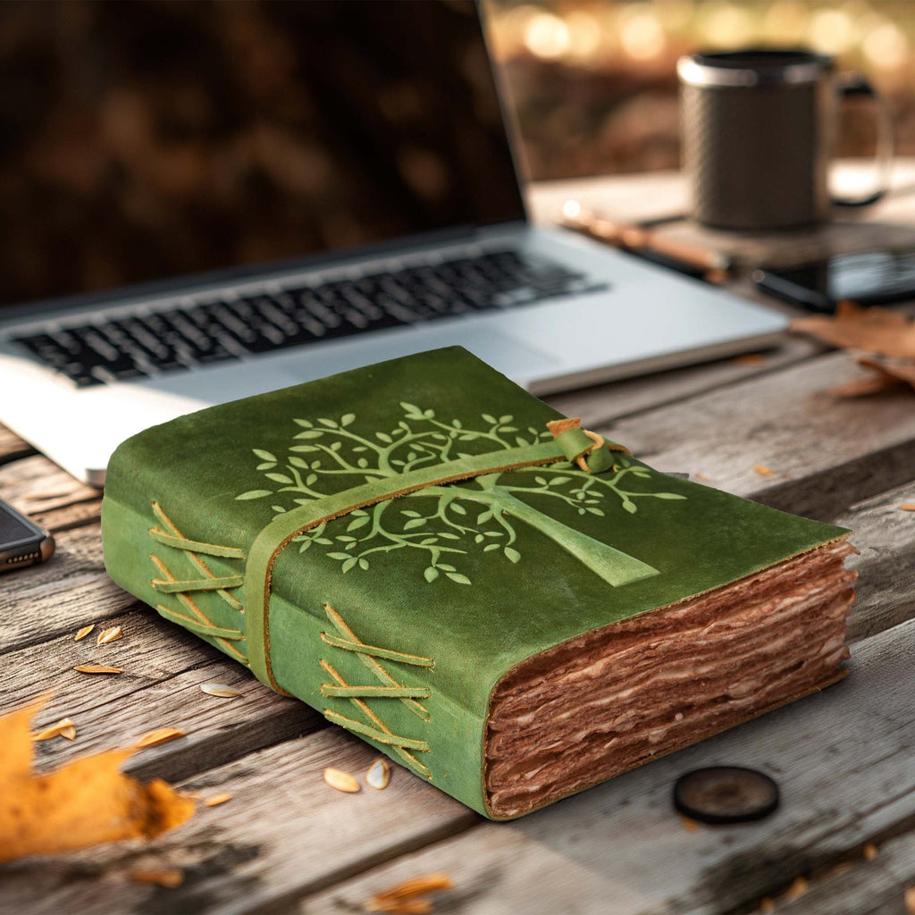 Tree of Life Leather Journal- Green Leather Village