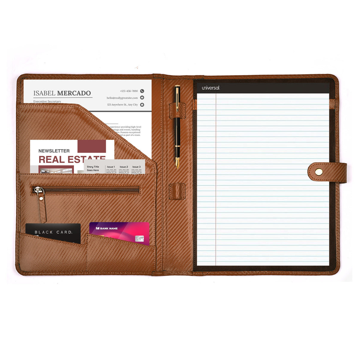 Portfolio Professional Organizer – Carbon Leather Padfolio Resume Folder for A4 Letter Pad with Pen Holder, Business Card Slots & Writing Pad – Ideal for Men & Women