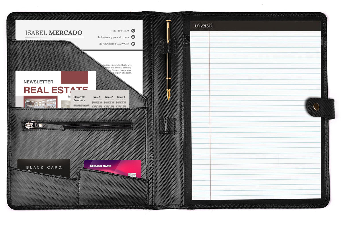 Portfolio Professional Organizer – Carbon Leather Padfolio Resume Folder for A4 Letter Pad with Pen Holder, Business Card Slots & Writing Pad – Ideal for Men & Women