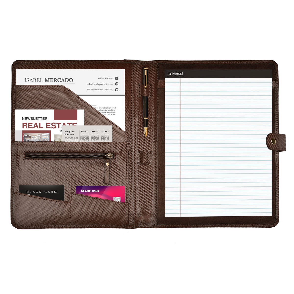 Portfolio Professional Organizer – Carbon Leather Padfolio Resume Folder for A4 Letter Pad with Pen Holder, Business Card Slots & Writing Pad – Ideal for Men & Women