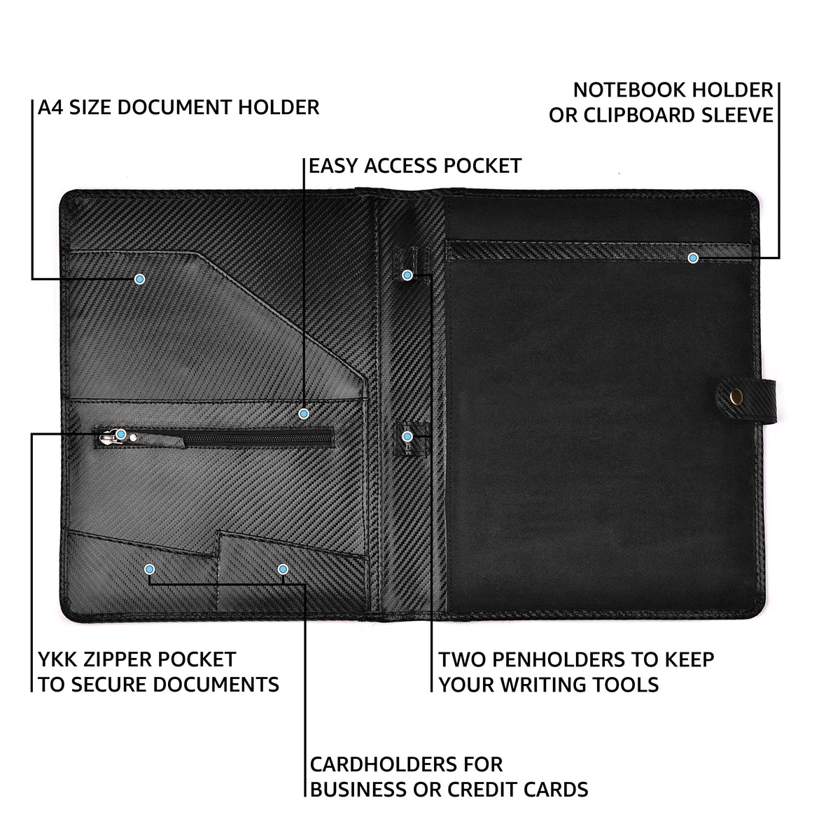 Portfolio Professional Organizer – Carbon Leather Padfolio Resume Folder for A4 Letter Pad with Pen Holder, Business Card Slots & Writing Pad – Ideal for Men & Women