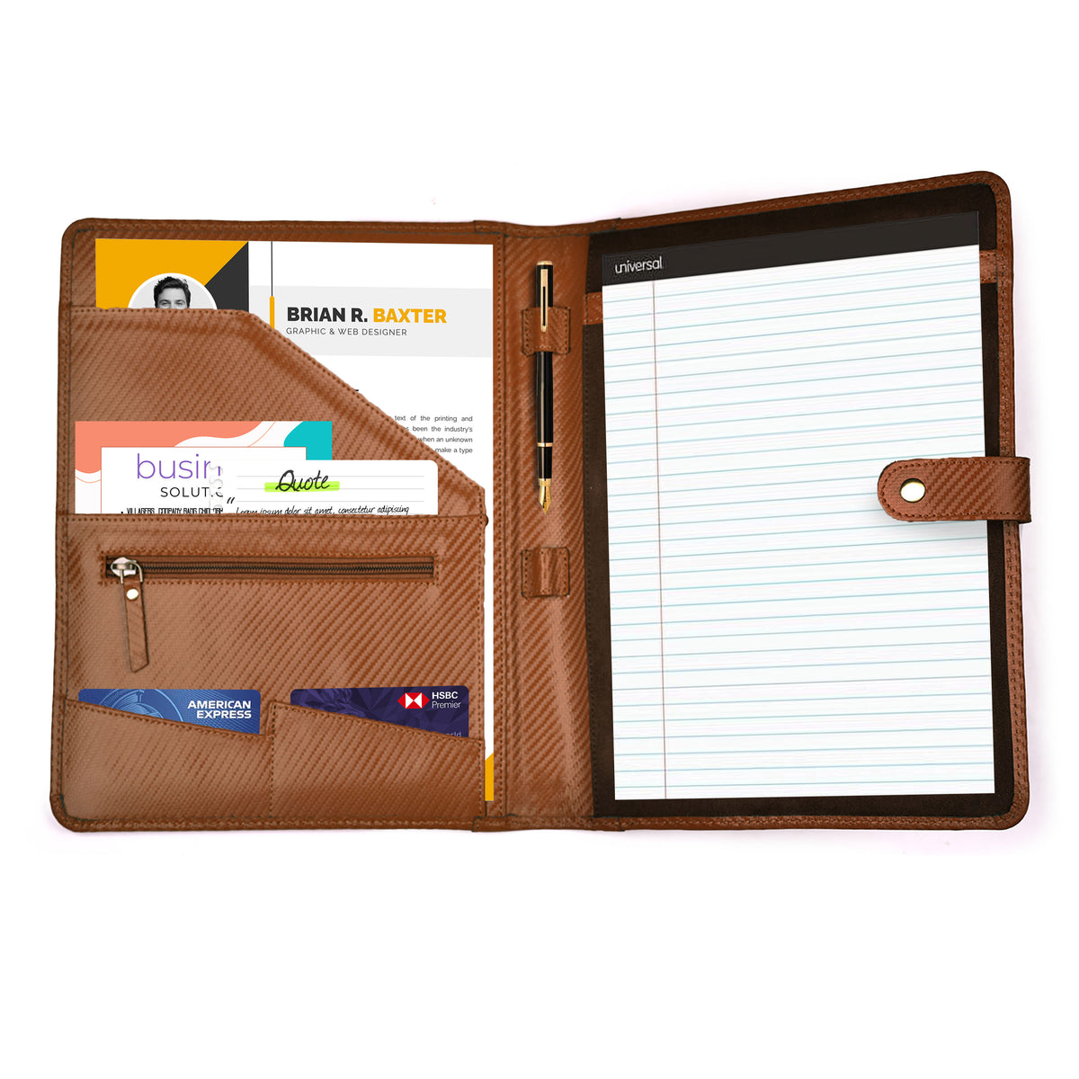 Portfolio Professional Organizer – Carbon Leather Padfolio Resume Folder for A4 Letter Pad with Pen Holder, Business Card Slots & Writing Pad – Ideal for Men & Women