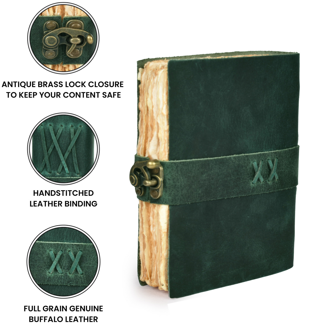 Leather Bound Vintage Journal for Women & Men - Book of Shadows - Lock Closure - 200 Pages of Antique Deckle Edges Handmade Paper