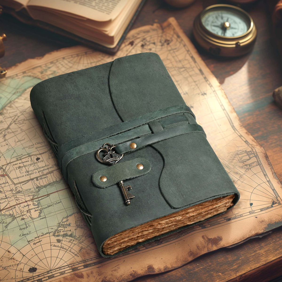 HANDCRAFTED VINTAGE LEATHER JOURNAL WITH ANTIQUE KEY - BOOK OF SHADOWS JOURNAL FOR MEN & WOMEN