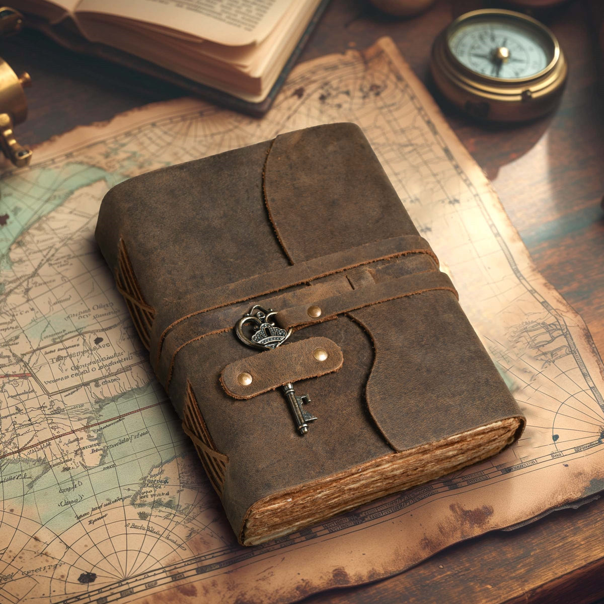 HANDCRAFTED VINTAGE LEATHER JOURNAL WITH ANTIQUE KEY - BOOK OF SHADOWS JOURNAL FOR MEN & WOMEN