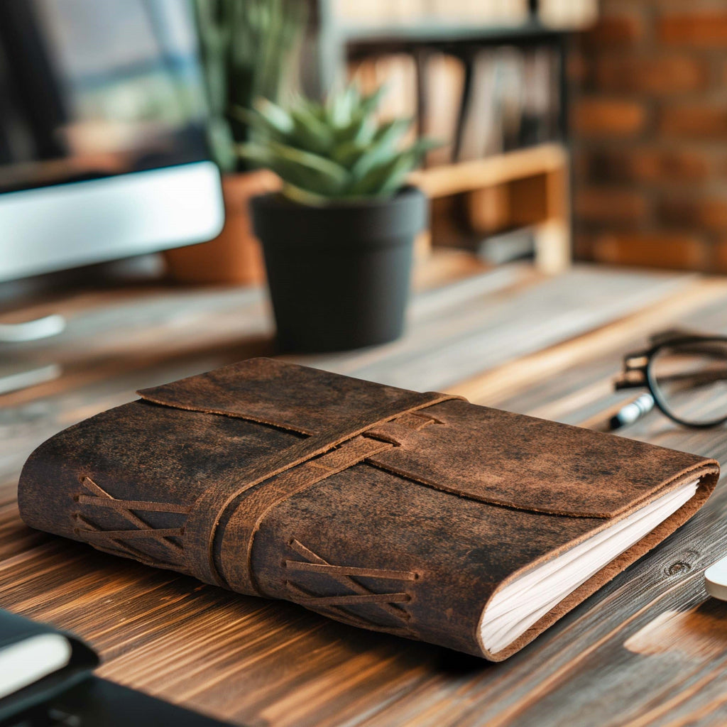 Lined Vintage Paper Notebook- Distressed Brown Leather Village