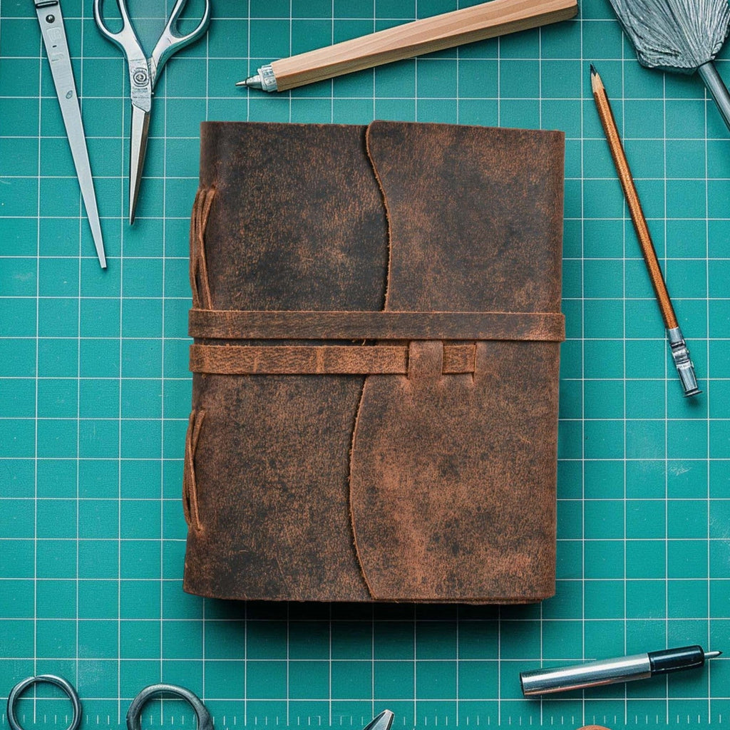 Lined Vintage Paper Notebook- Distressed Brown Leather Village
