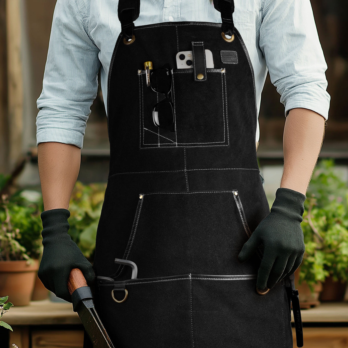 LEATHER VILLAGE Work Apron - Heavy Duty Woodworking Apron for Men with Tool Pockets for Woodworkers, Blacksmiths, Carpenters – Black Color (Size M to XXL)