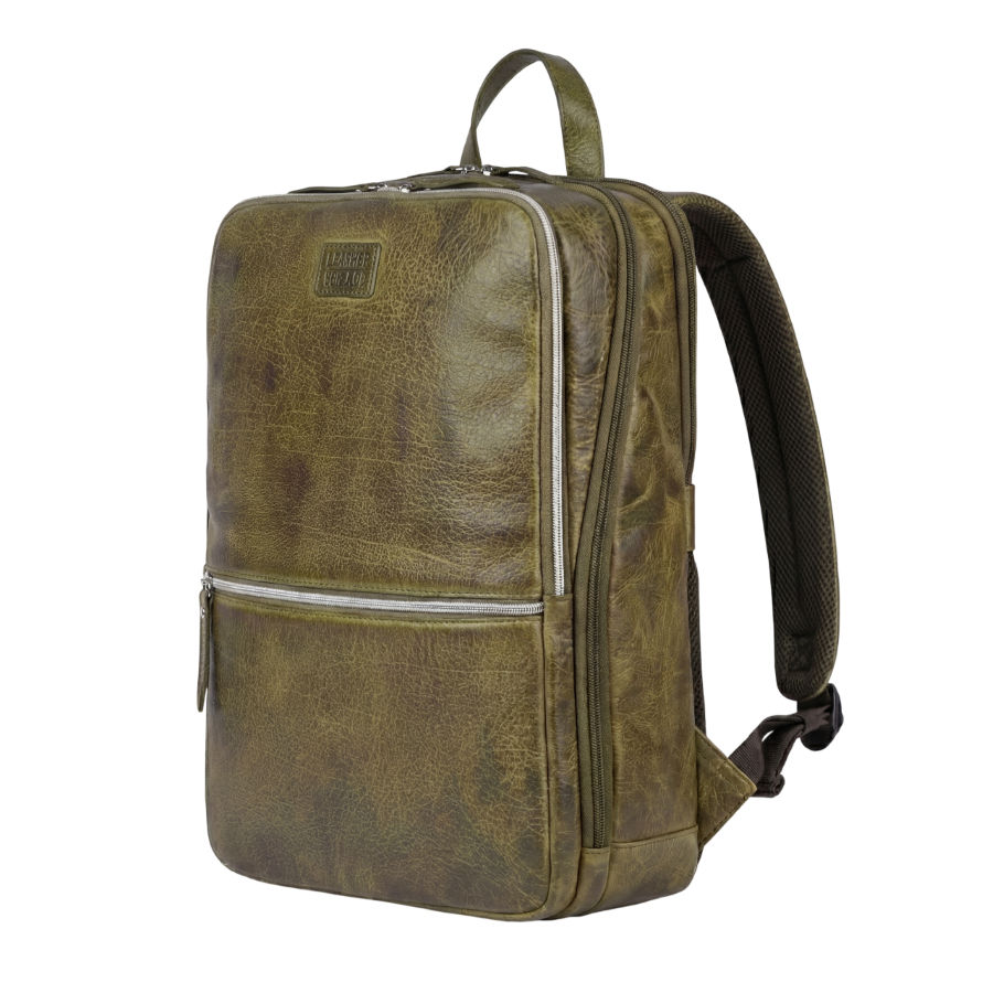 Olive Leather Laptop Backpack for Work & Travel