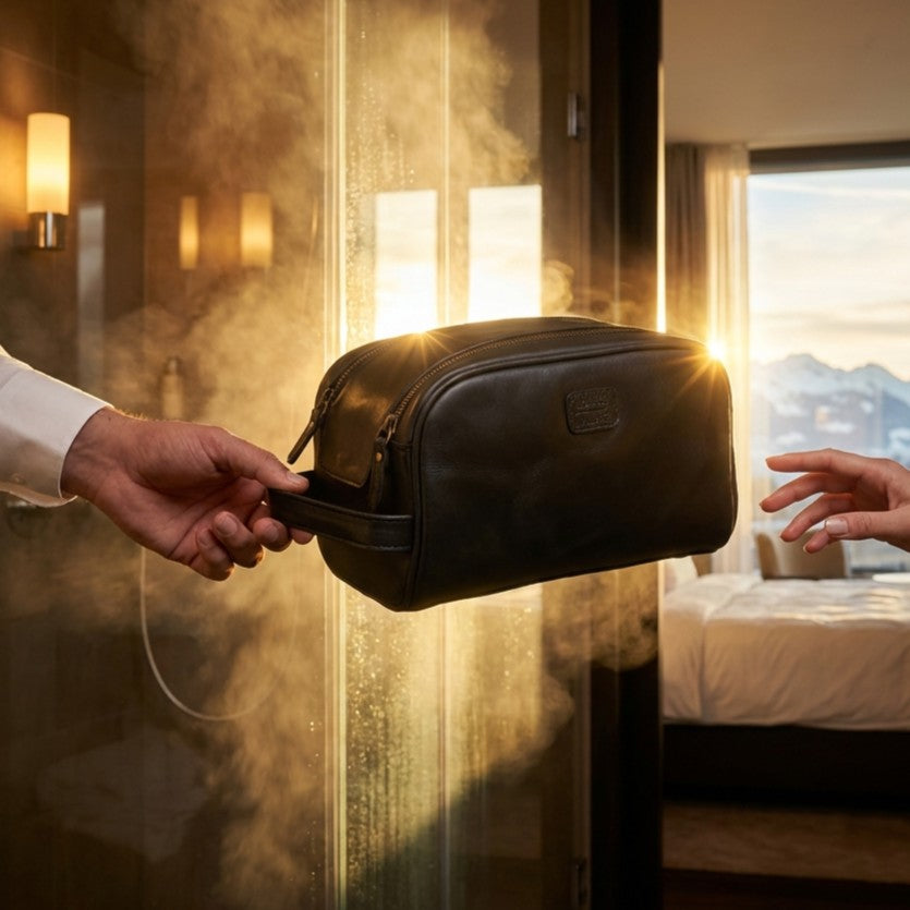 Black Leather Toiletry Bag for Travel