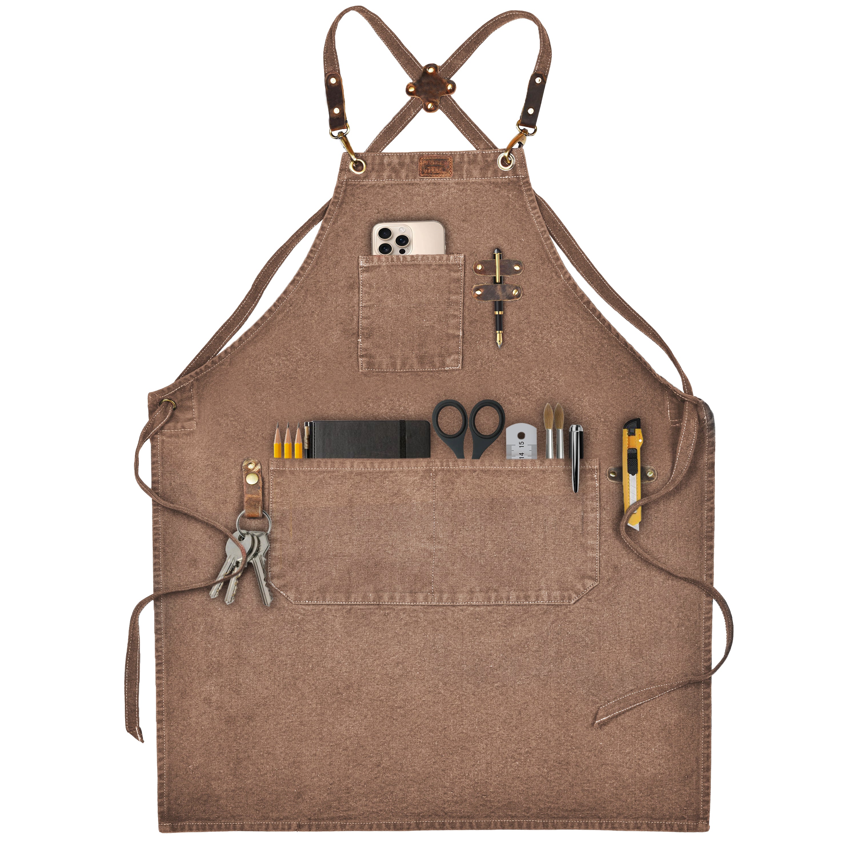 Chef Aprons for Men Women with Large Pockets, Cotton Canvas Cross Back Adjustable Work Apron, Size M to XXL
