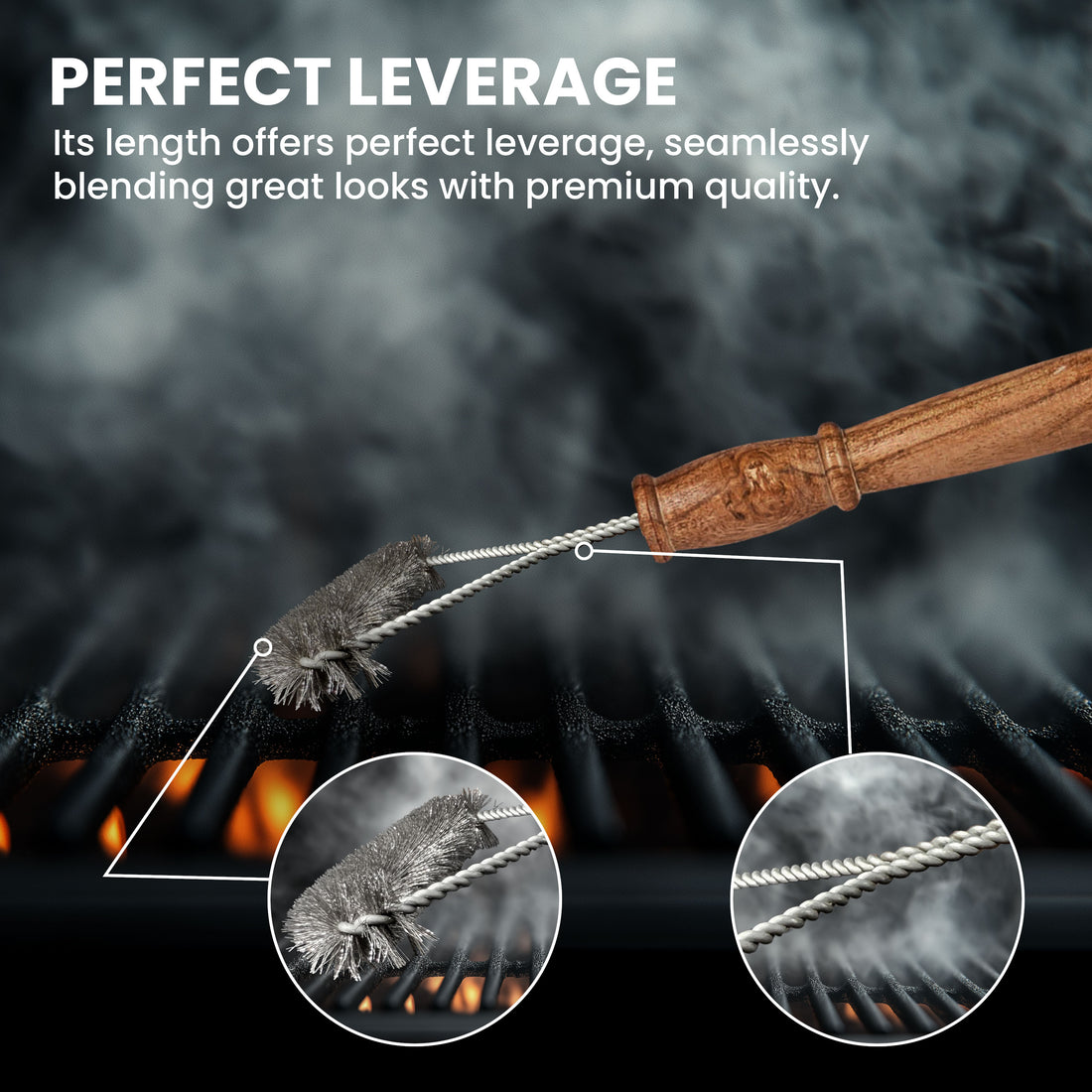 Stainless Steel Three Sided Grill Brush – BBQ Grill Cleaner for Outdoor Grills, 17” Extended Wooden Handle, No-Scratch, Heavy-Duty Barbecue Cleaning Tool