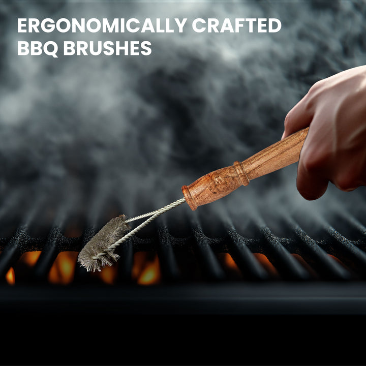 Stainless Steel Three Sided Grill Brush – BBQ Grill Cleaner for Outdoor Grills, 17” Extended Wooden Handle, No-Scratch, Heavy-Duty Barbecue Cleaning Tool