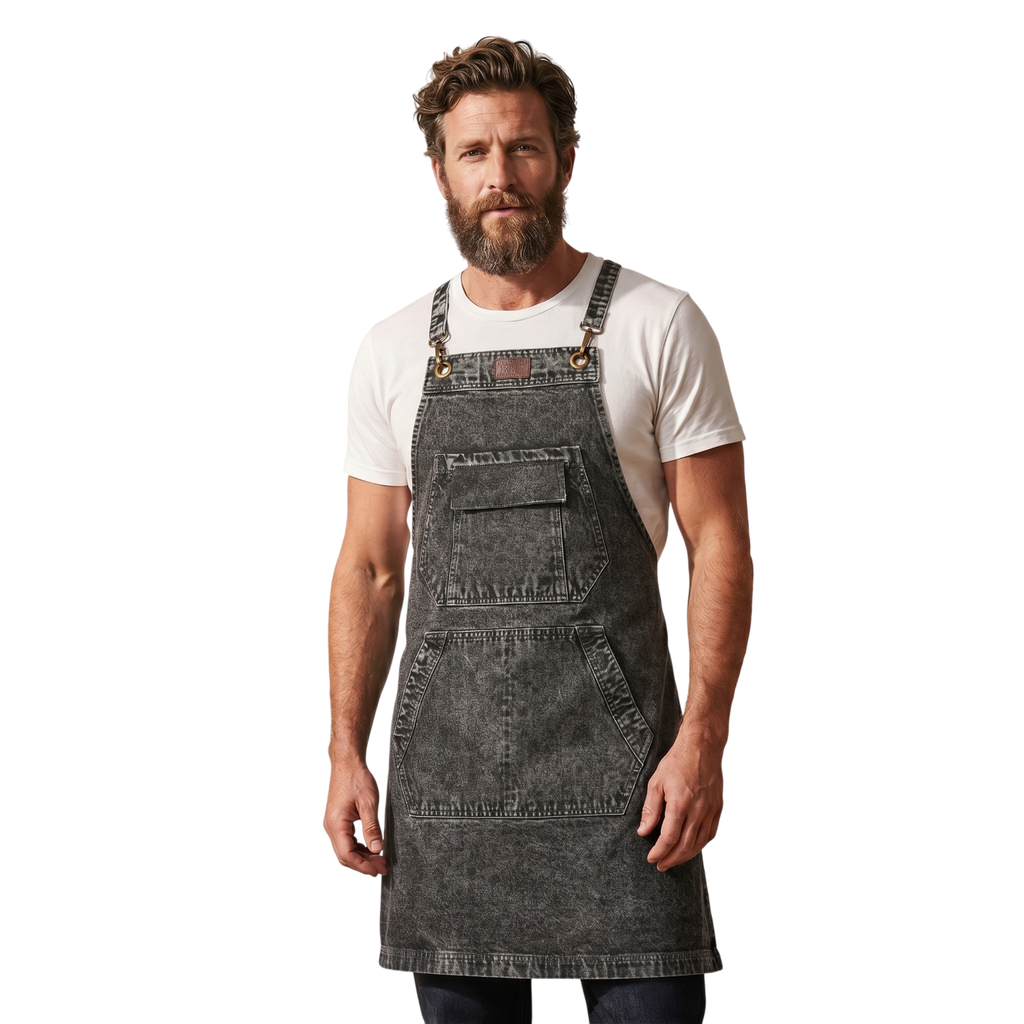 Leather Village black denim apron for men and women with adjustable straps