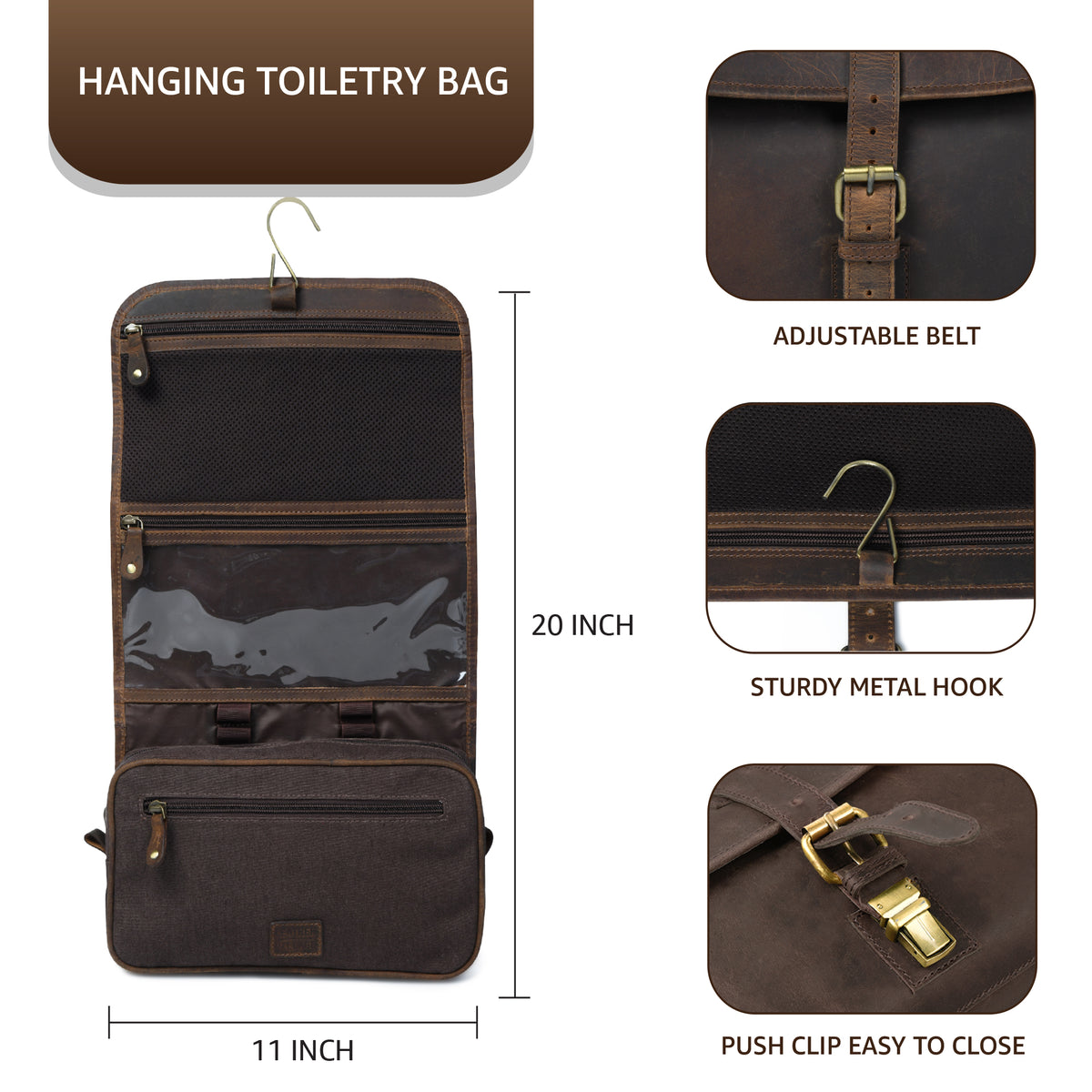 LEATHER VILLAGE Hanging Toiletry Bag for Men & Women, Leather Toiletry Bag for Men, Mens Toiletry Bags for Traveling, Hanging Travel Toiletry Bag, Mens Travel Bag Toiletry, Dopp Kit Shower Bag