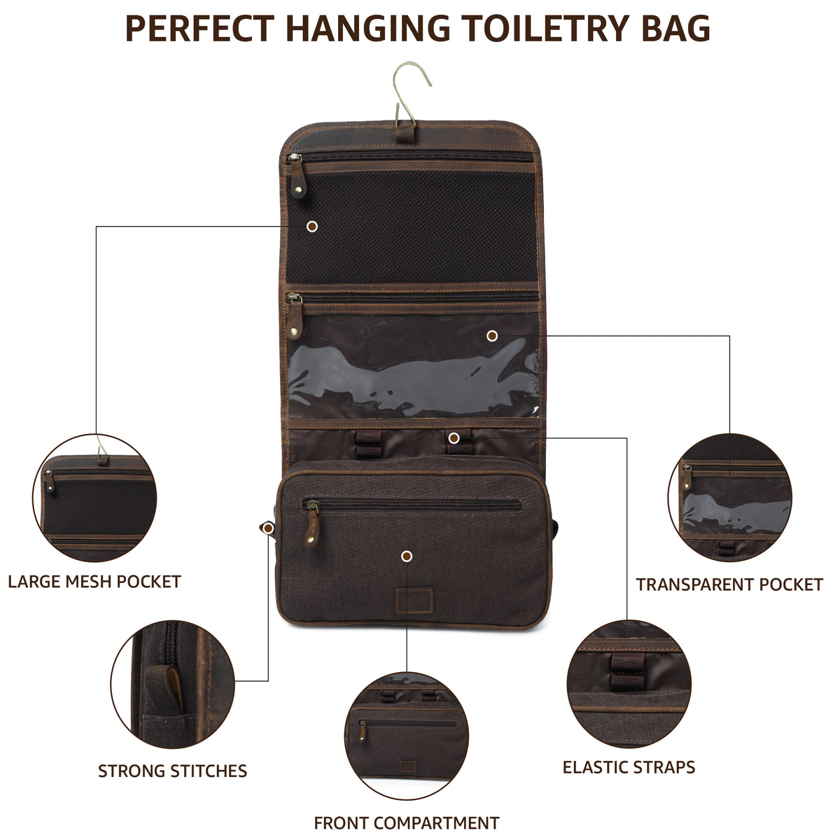 LEATHER VILLAGE Hanging Toiletry Bag for Men & Women, Leather Toiletry Bag for Men, Mens Toiletry Bags for Traveling, Hanging Travel Toiletry Bag, Mens Travel Bag Toiletry, Dopp Kit Shower Bag