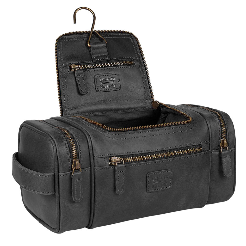 Leather Village Black Leather Hanging Toiletry Bag for Men and Travel