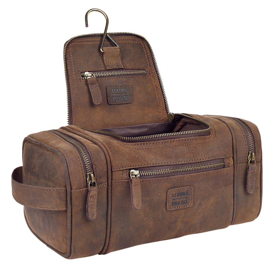 Leather Village Tan Leather Hanging Toiletry Bag for Men and Travelers