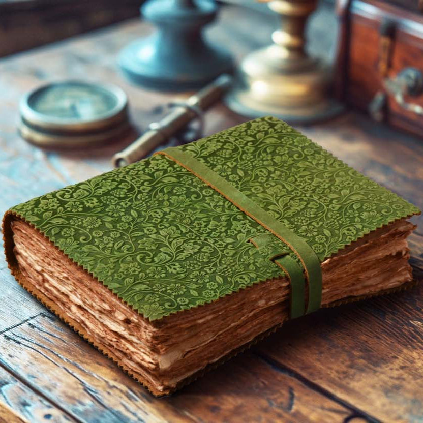 Floral Embossed Leather Journal- Green