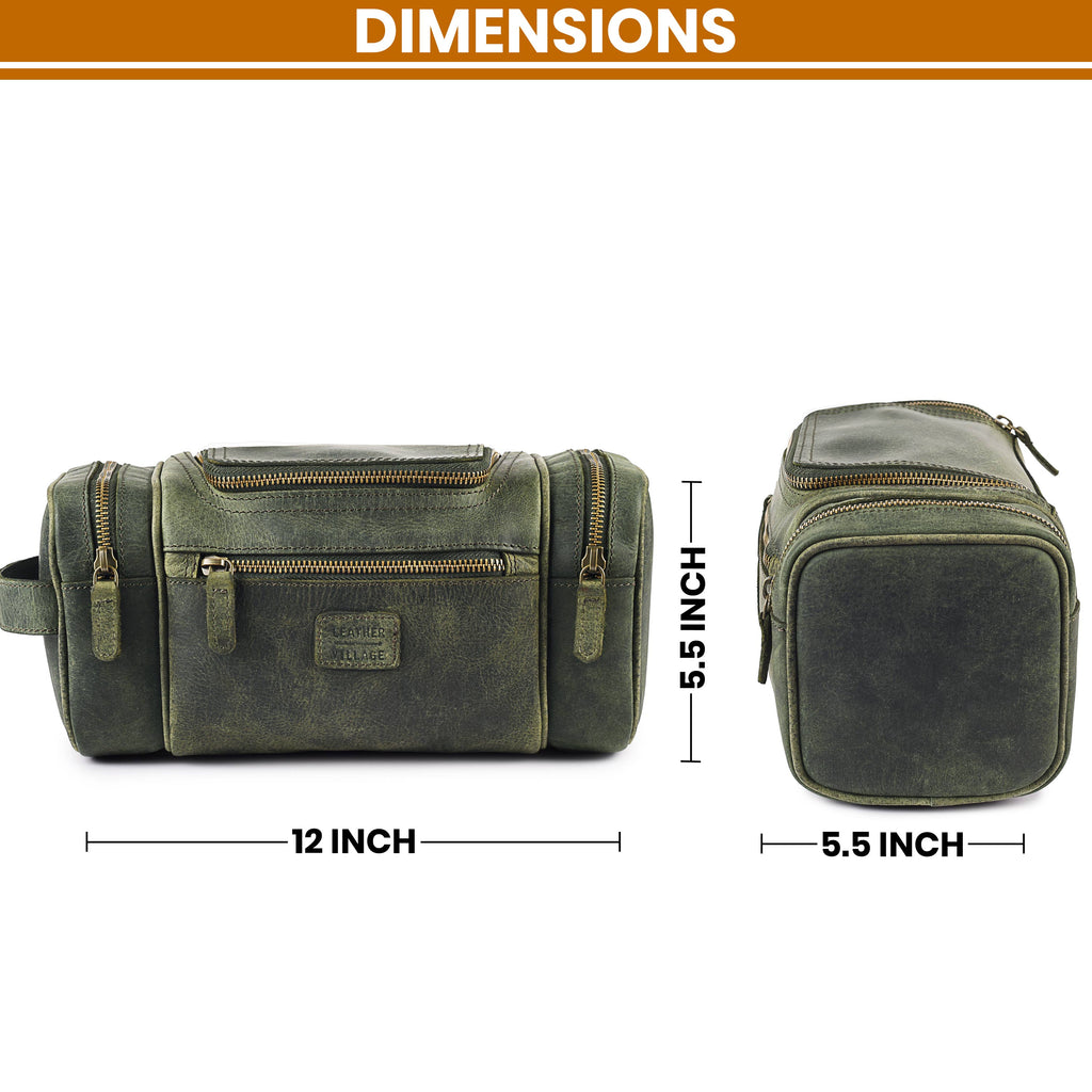 Leather Village Premium Olive Leather Wash Bag for Men with Spacious Organizer Compartments